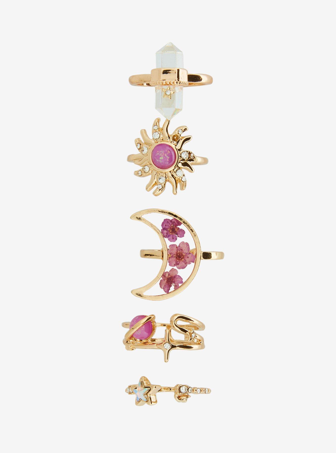 Cosmic Aura Celestial Crystal Pressed Flower Ring Set, , hi-res