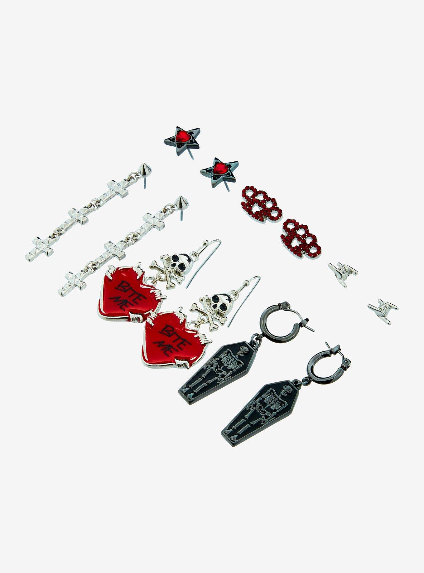 Social Collision Punk Skull Coffin Barbed Wire Earring Set, , alternate