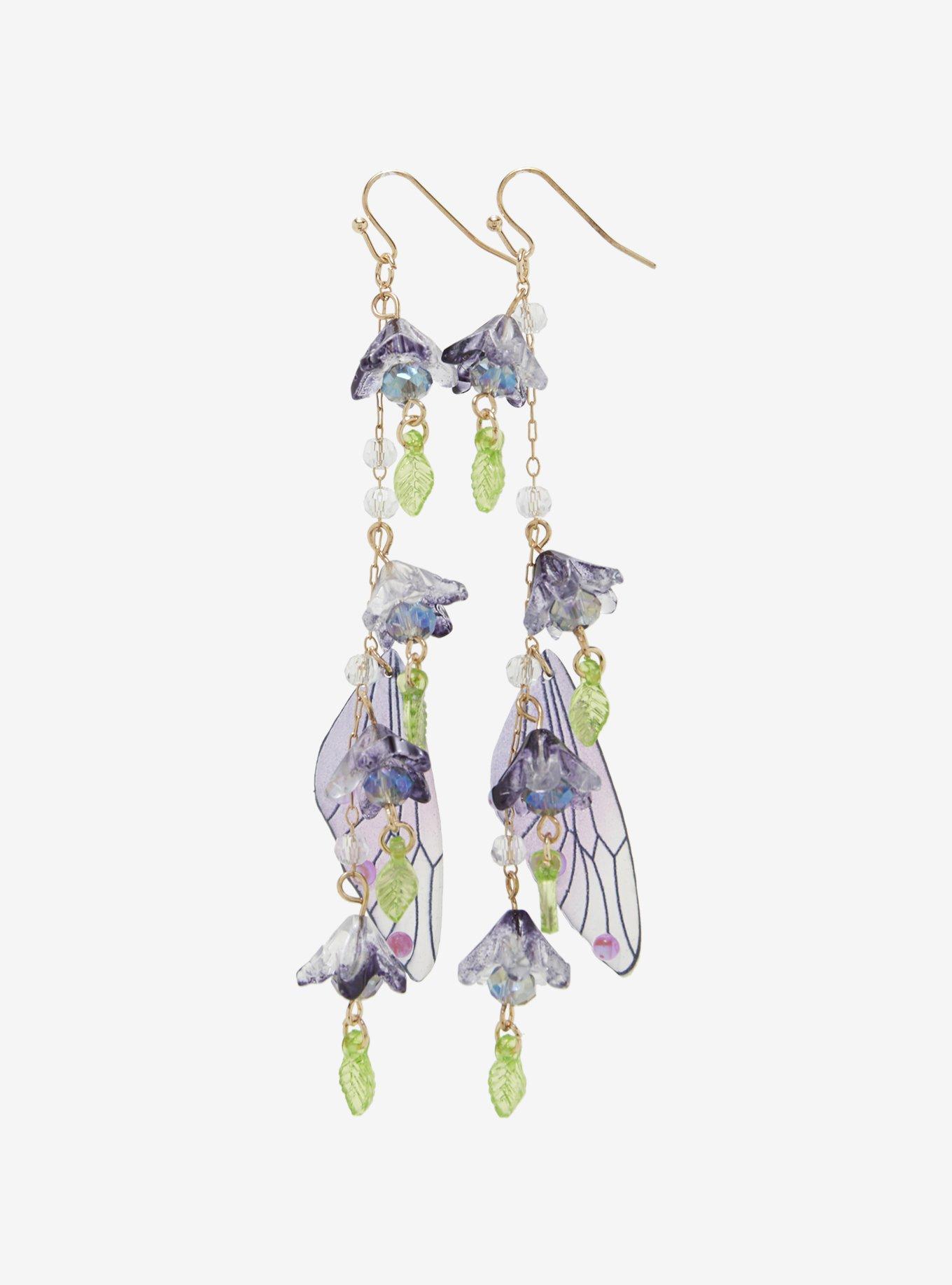 Thorn & Fable Purple Flower Butterfly Wing Earrings, , hi-res