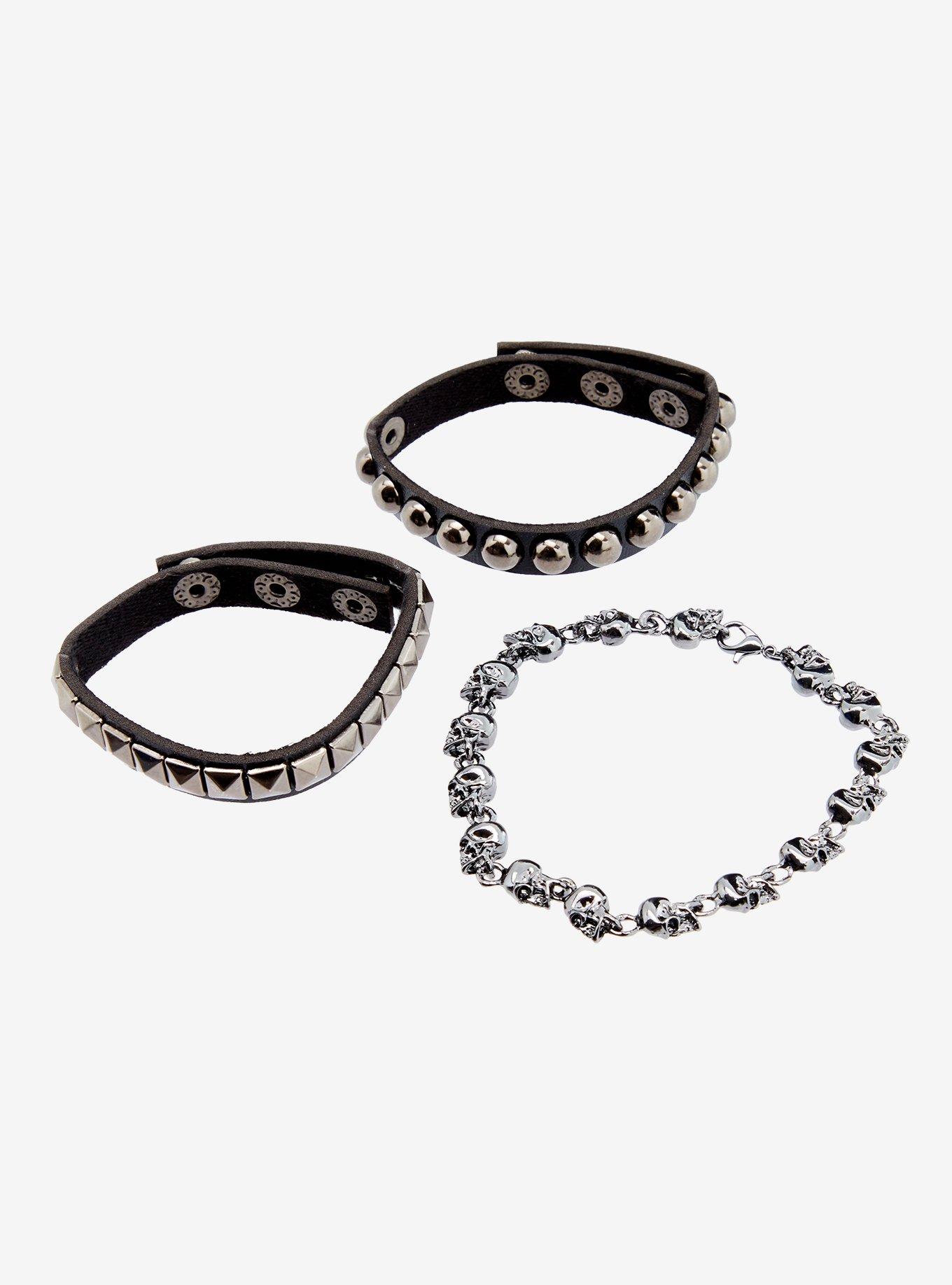 Faux Leather Stud Skull Chain Bracelet Set, , hi-res