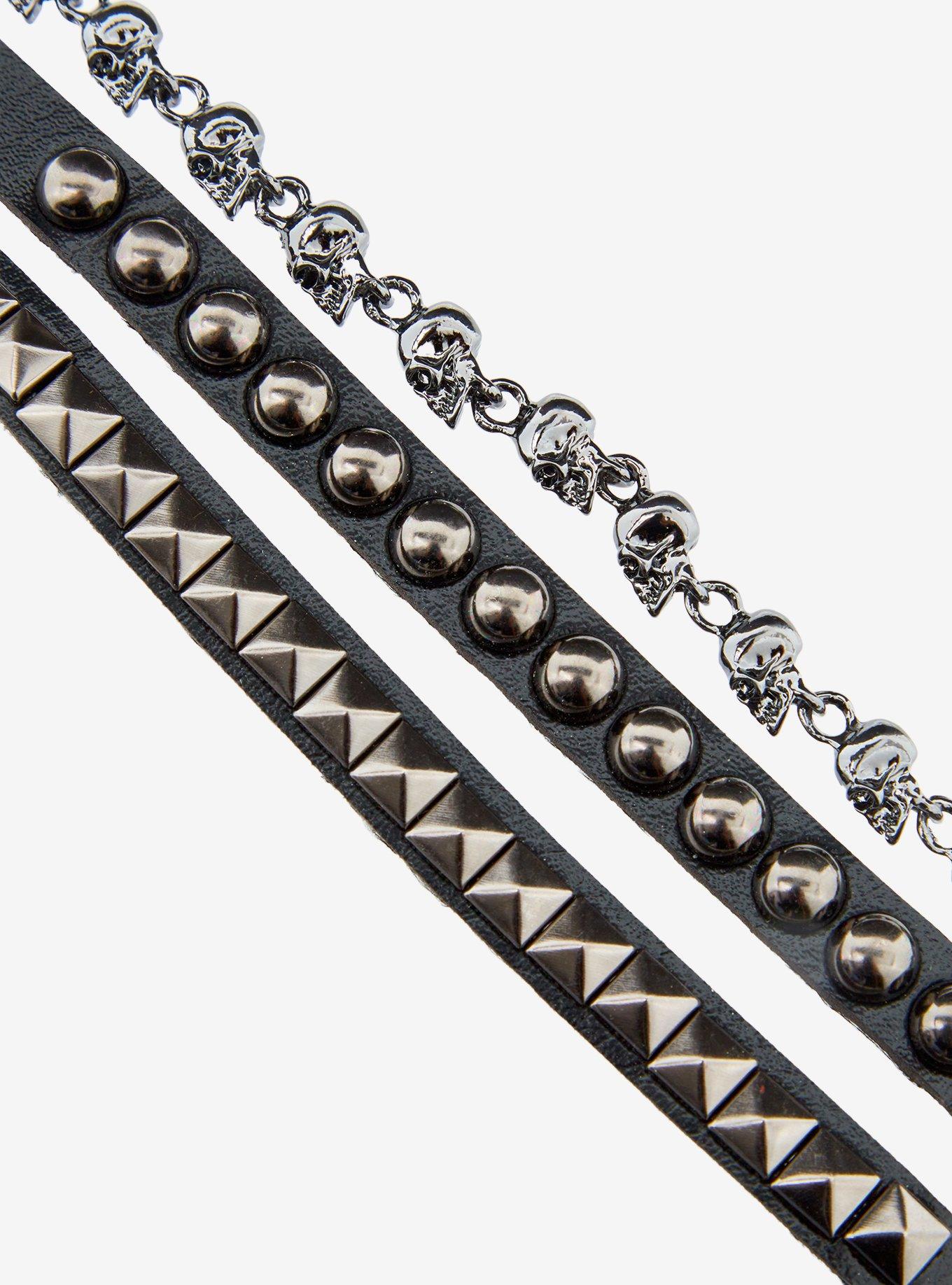 Faux Leather Stud Skull Chain Bracelet Set, , alternate