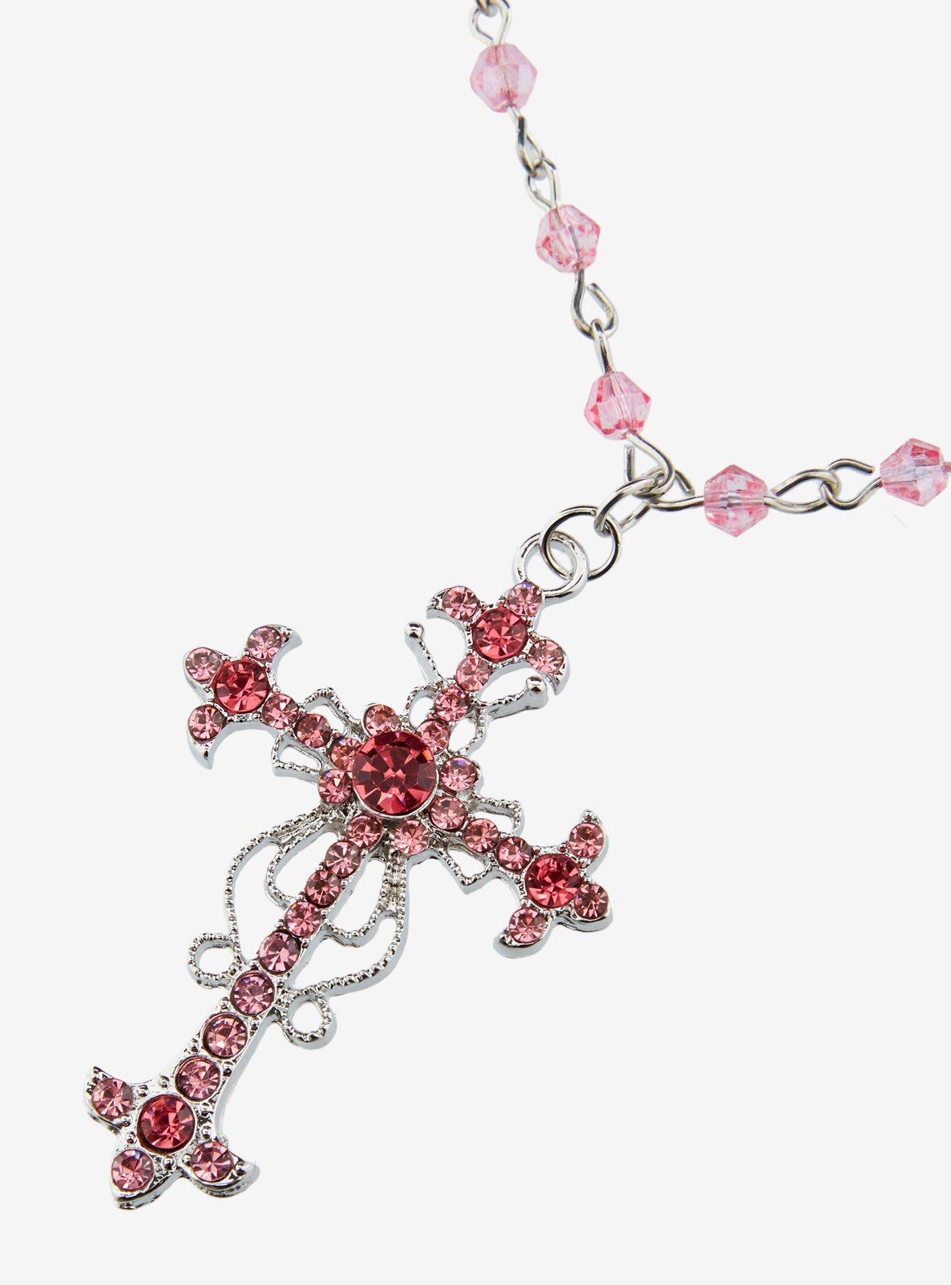 Sweet Society Pink Cross Rosary Necklace, , alternate