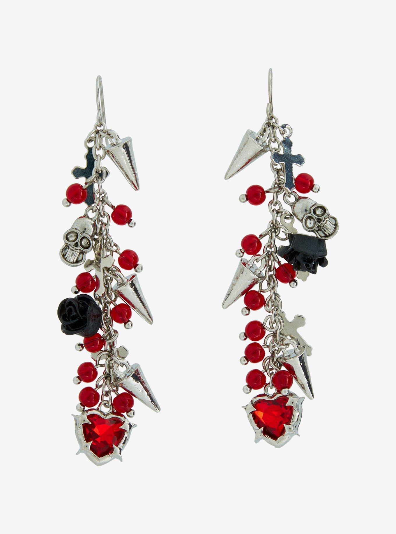 Heart Spike Black Rose Drop Earrings, , hi-res