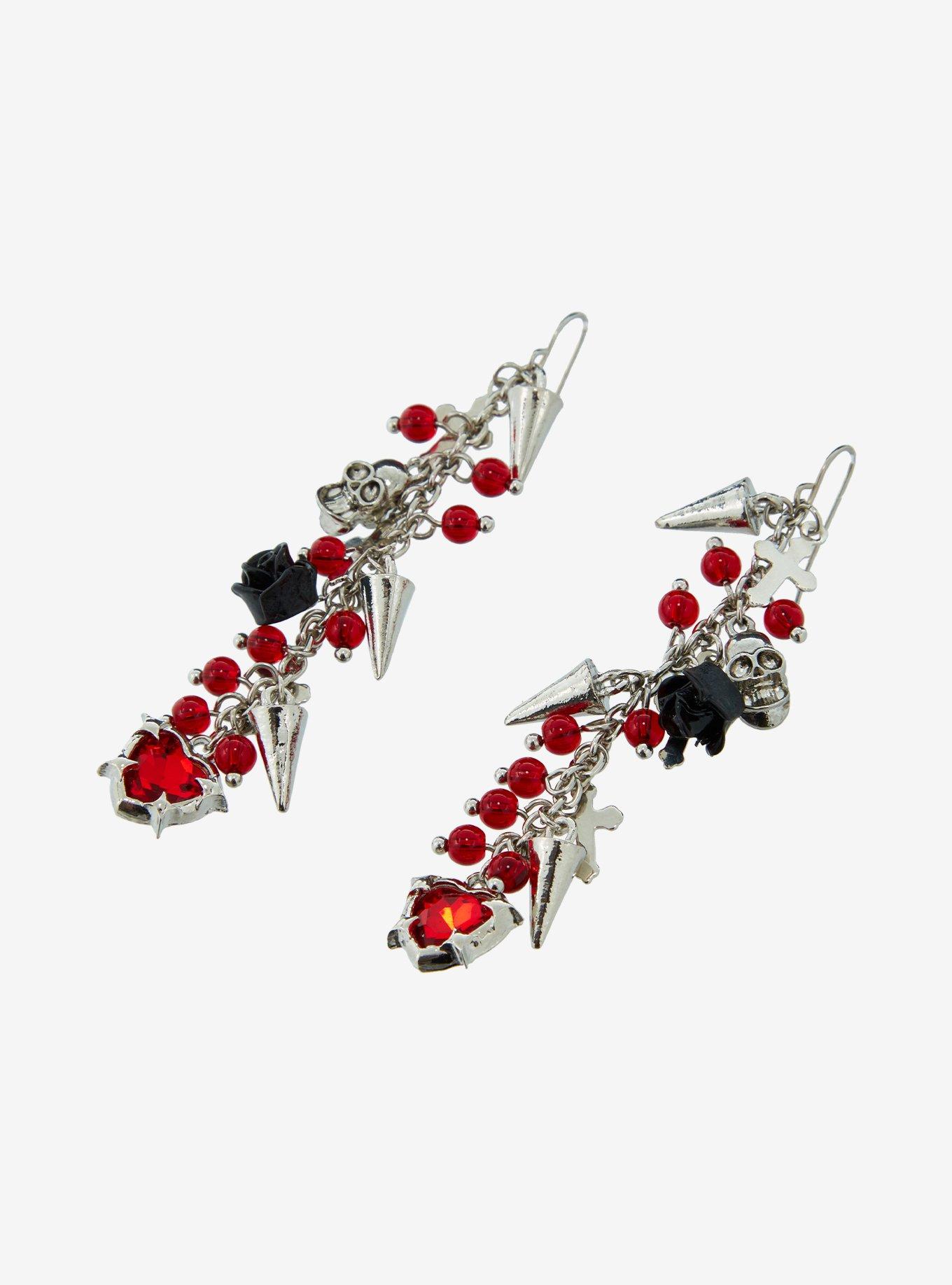 Heart Spike Black Rose Drop Earrings, , alternate