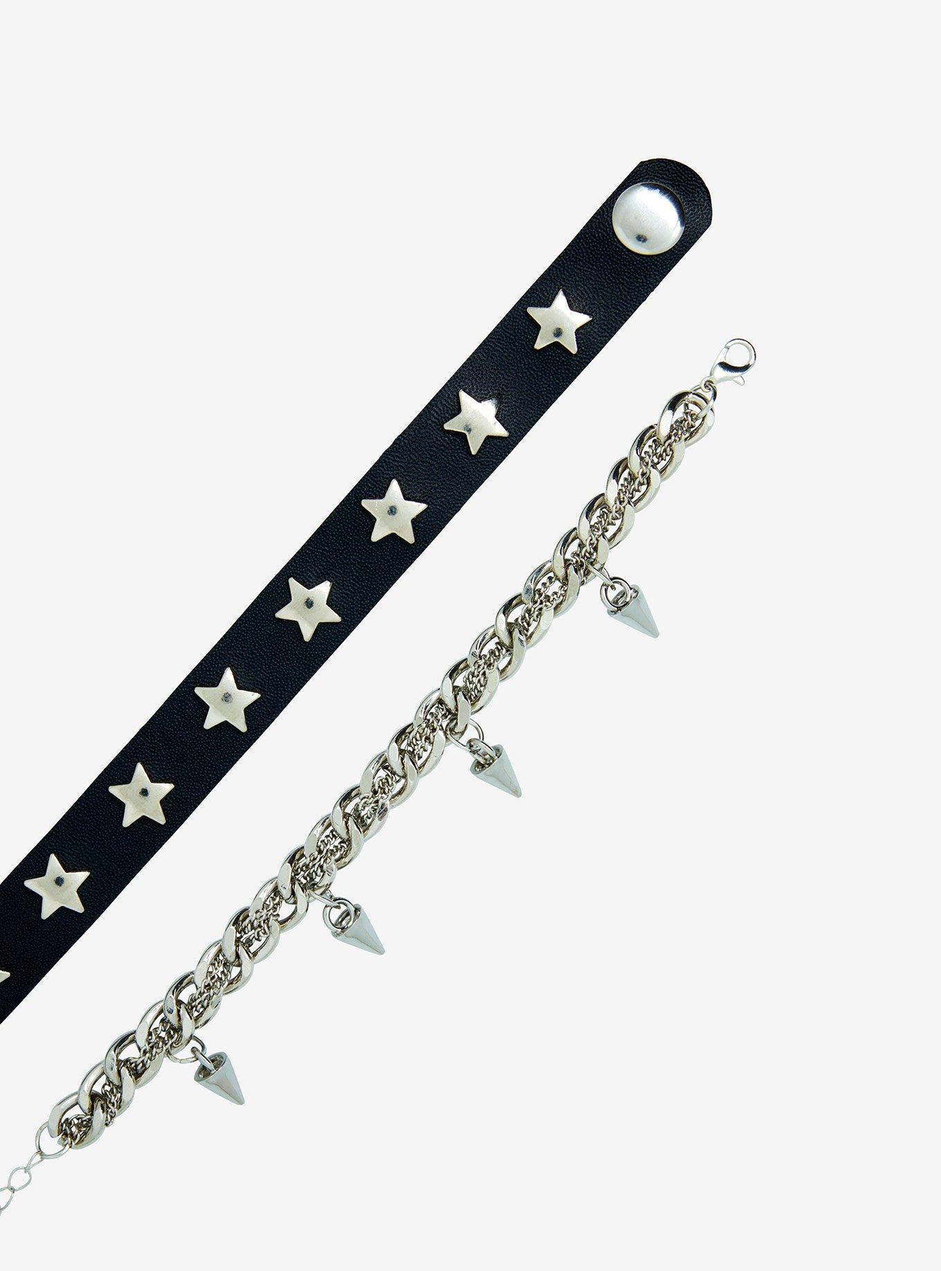 Star Stud Spike Faux Leather Chain Bracelet Set, , alternate