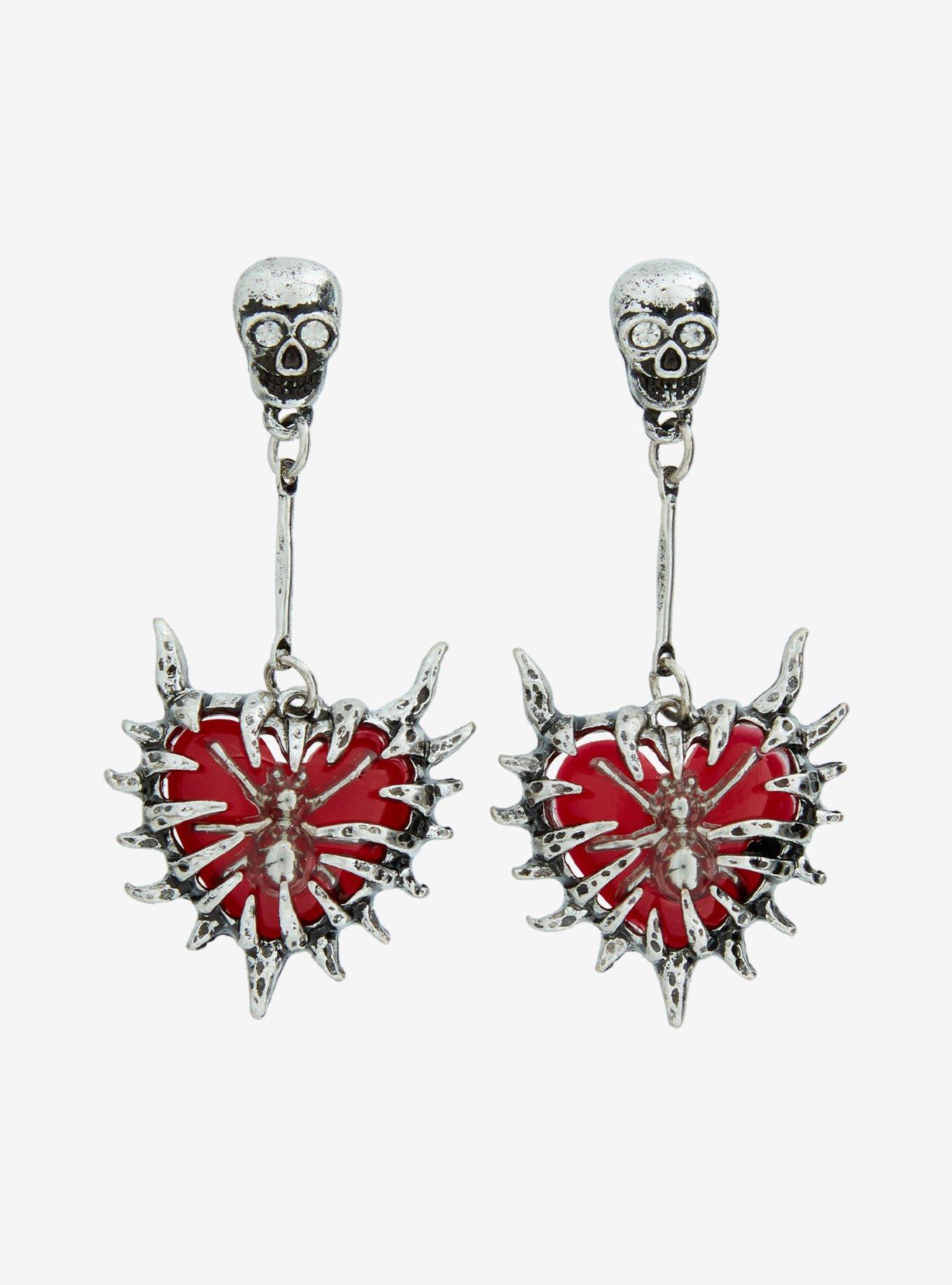 Skull Spider Heart Drop Earrings, , hi-res