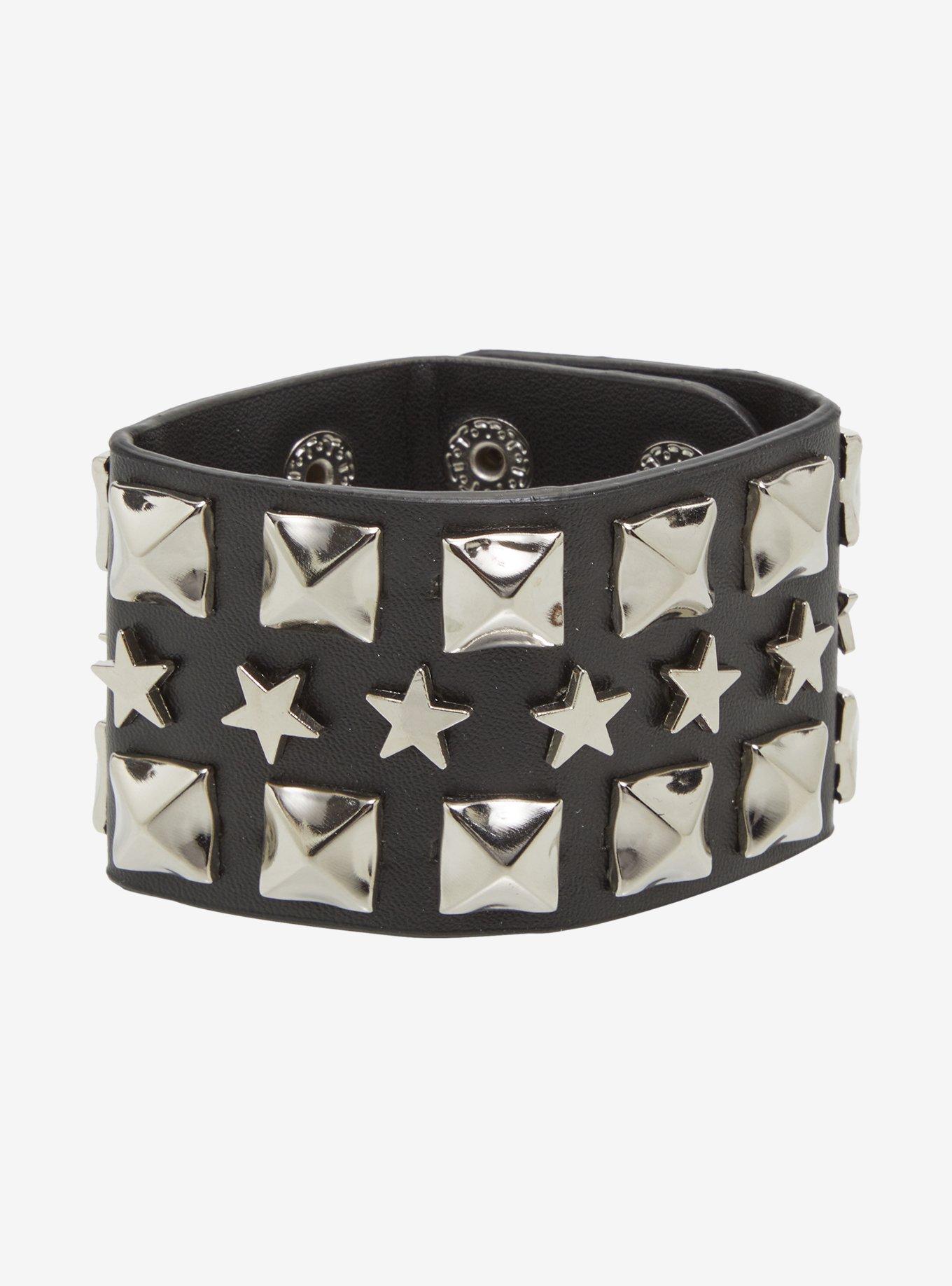 Pyramid Stud Star Faux Leather Bracelet Cuff, , hi-res