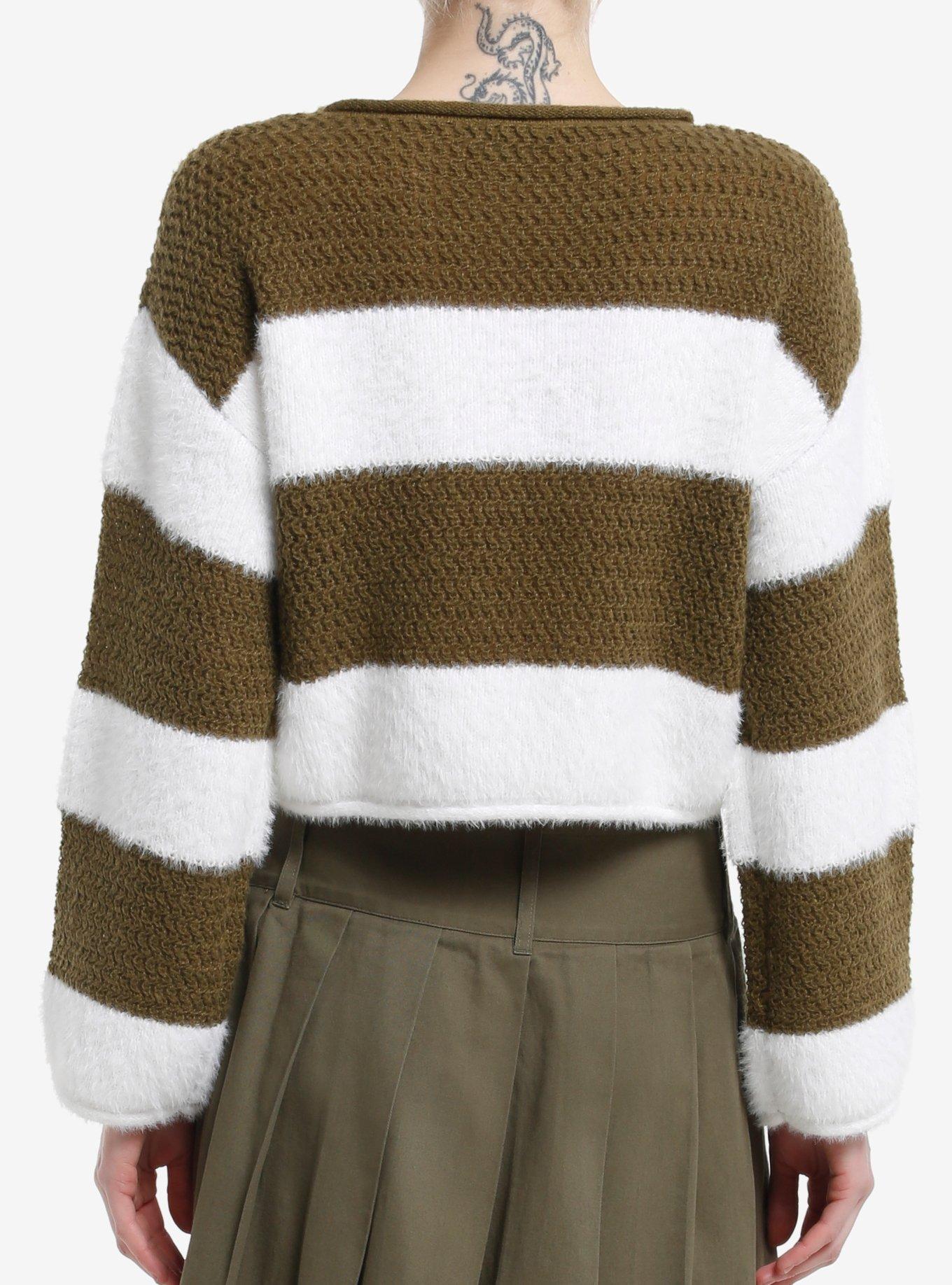 Olive Green & White Fuzzy Stripe Girls Sweater, CREAM, alternate