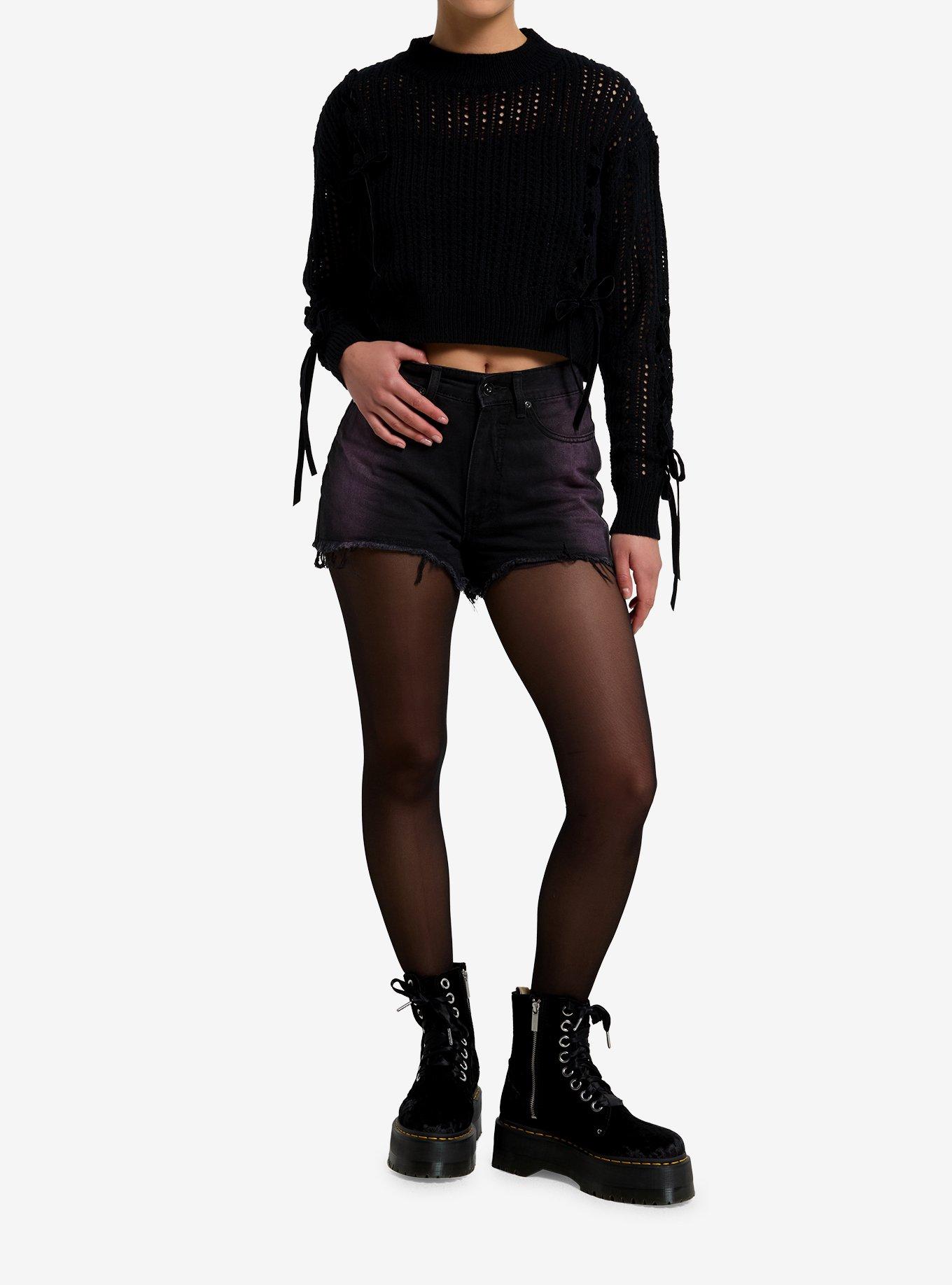 Black Lace-Up Bow Knit Girls Crop Sweater, , hi-res
