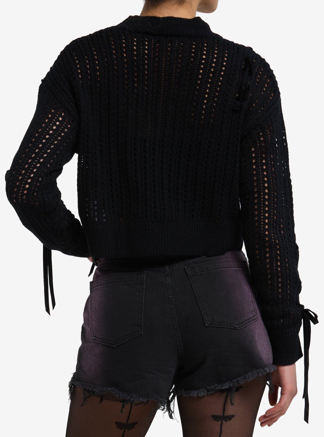 Black Lace-Up Bow Knit Girls Crop Sweater, CREAM, alternate