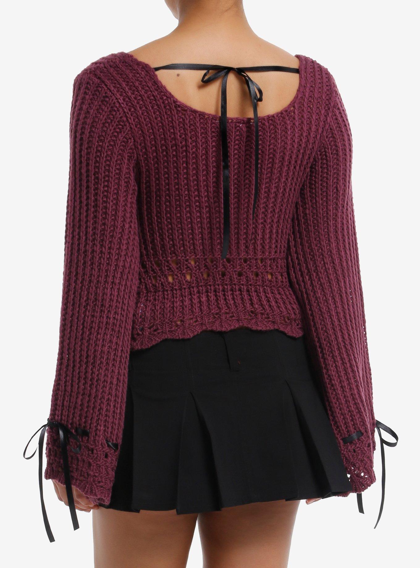 Daisy Street Burgundy Black Ribbon Knit Girls Top, BURGUNDY, alternate