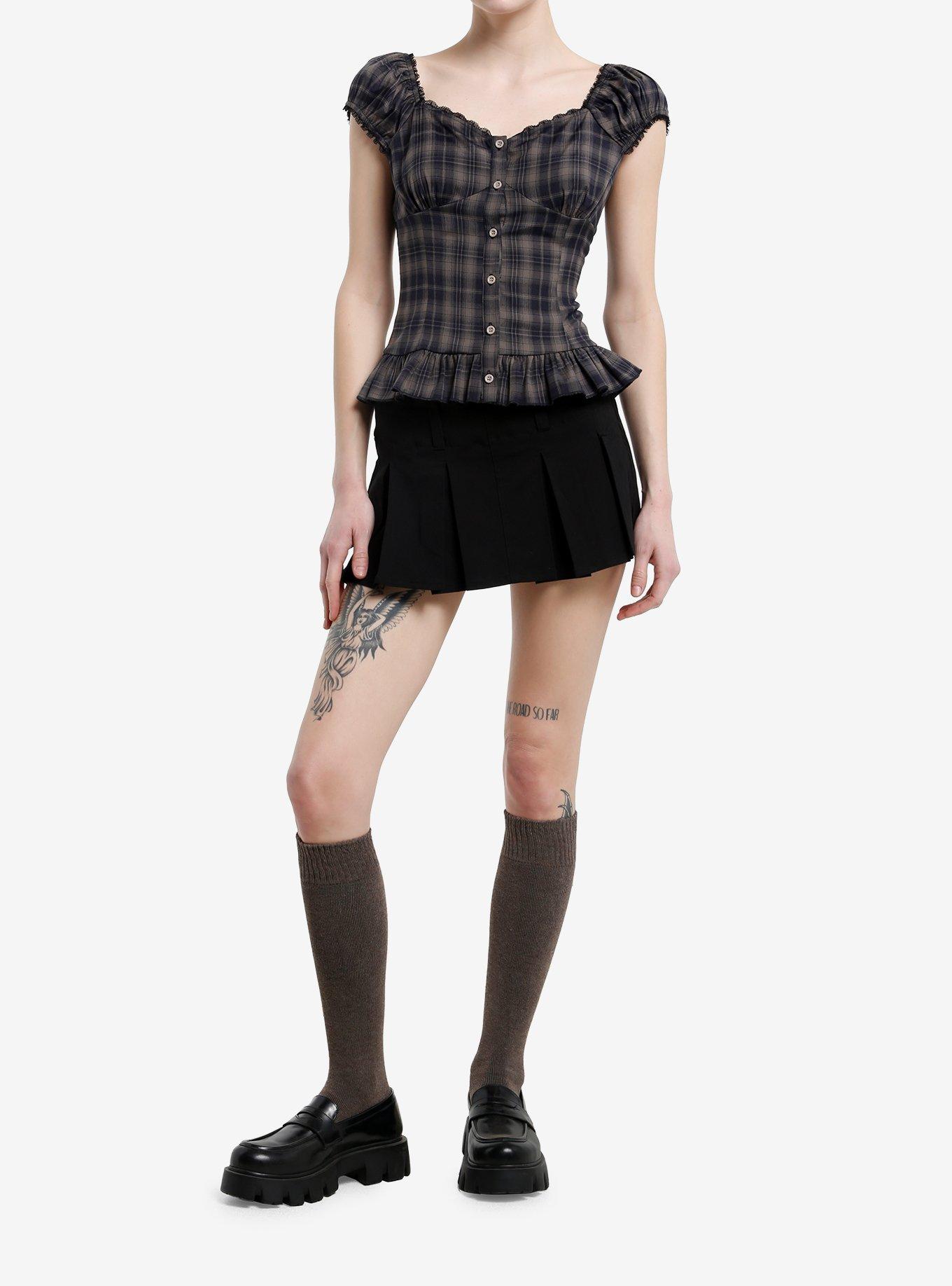 Dark Grey Plaid Ruffle Girls Top, , hi-res