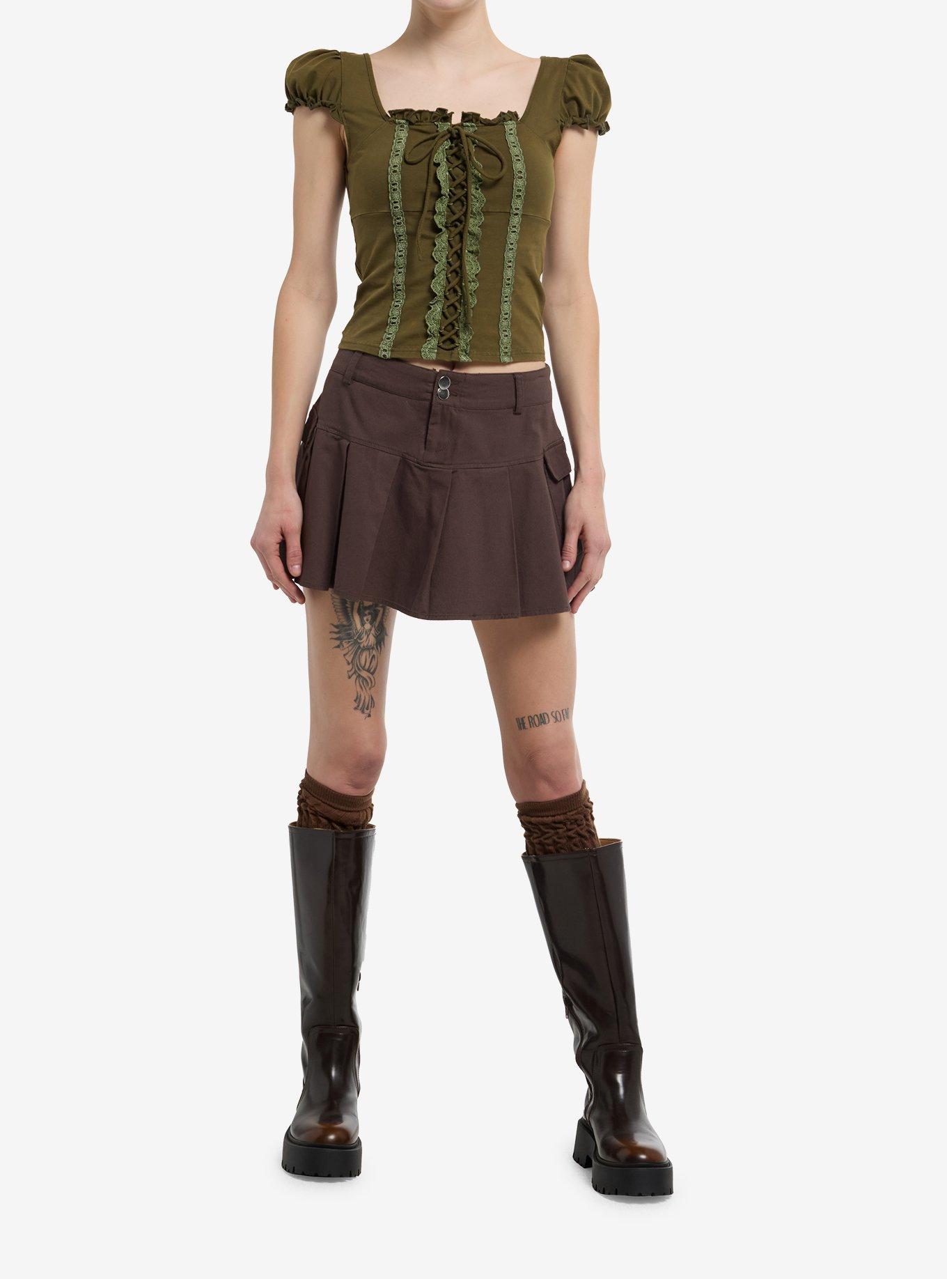 Thorn & Fable Olive Lace-Up Ruffle Girls Top, , hi-res