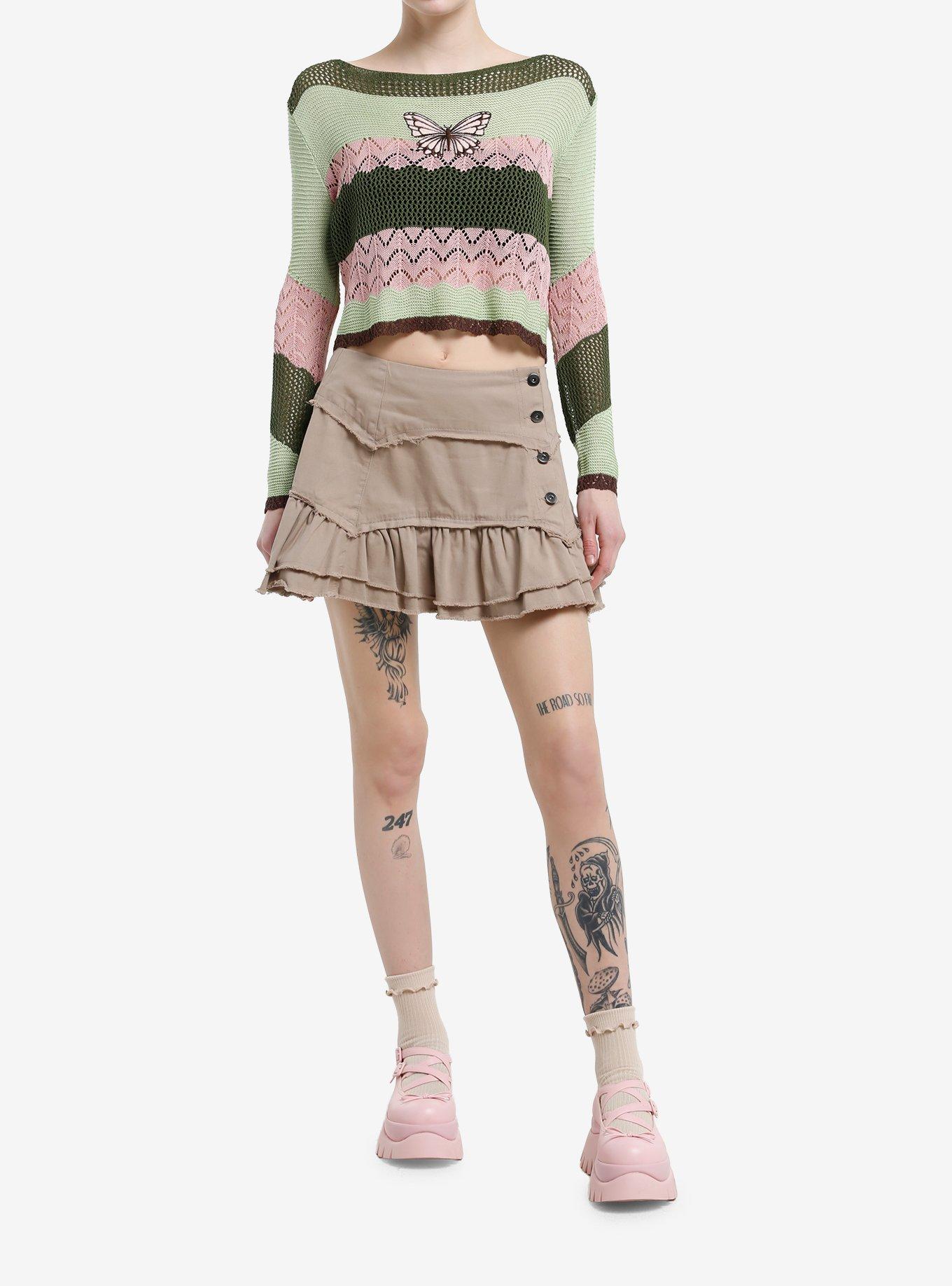 Thorn & Fable Butterfly Green & Pink Stripe Girls Crop Sweater, , hi-res