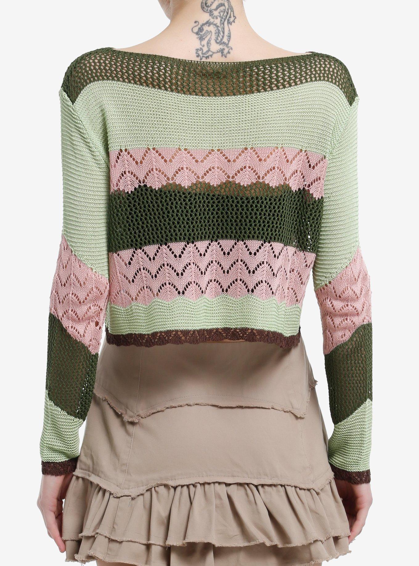 Thorn & Fable Butterfly Green & Pink Stripe Girls Crop Sweater, MULTI, alternate