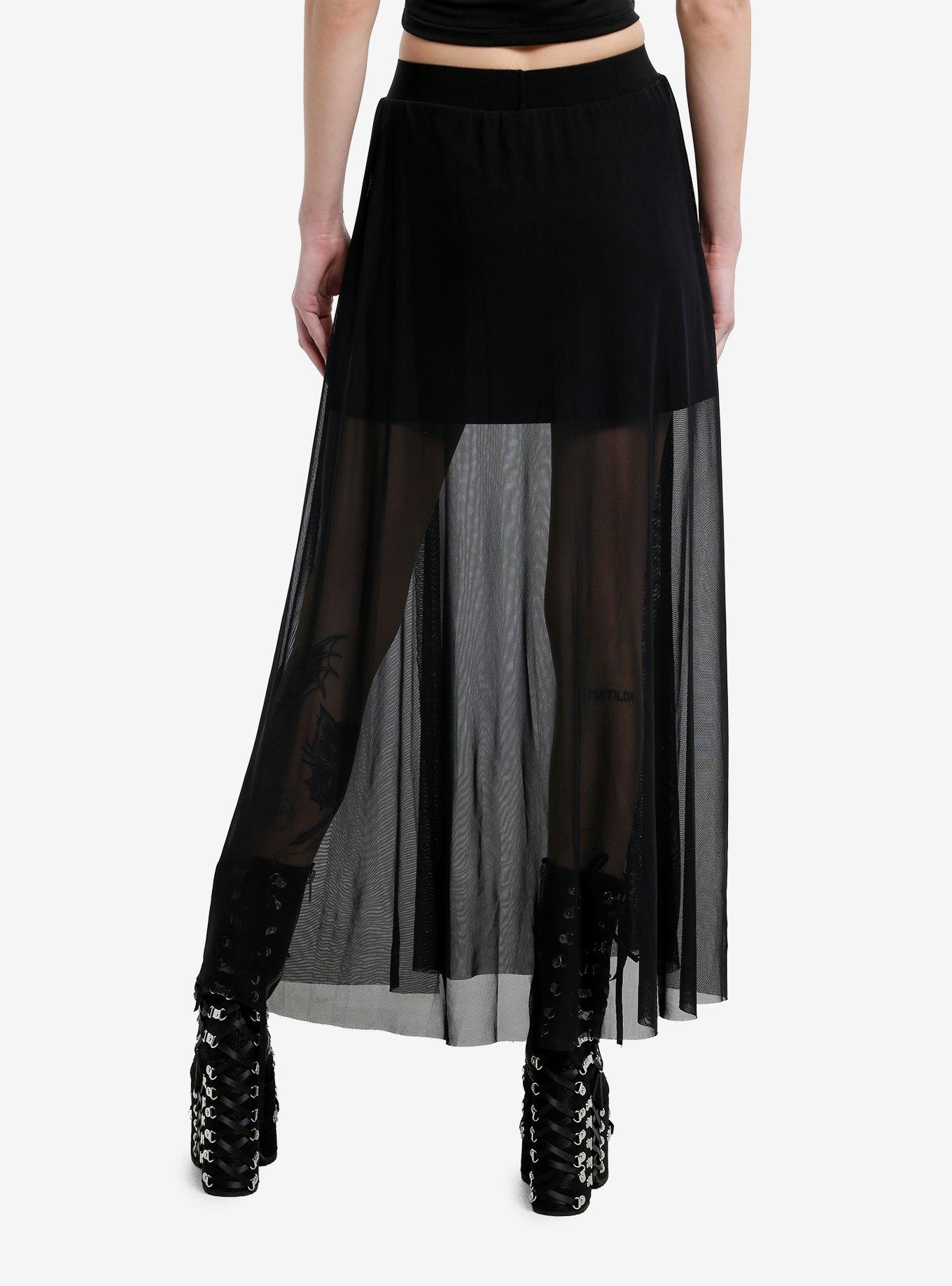 Daisy Street Black Mesh Gothic Cross Maxi Skirt, , hi-res
