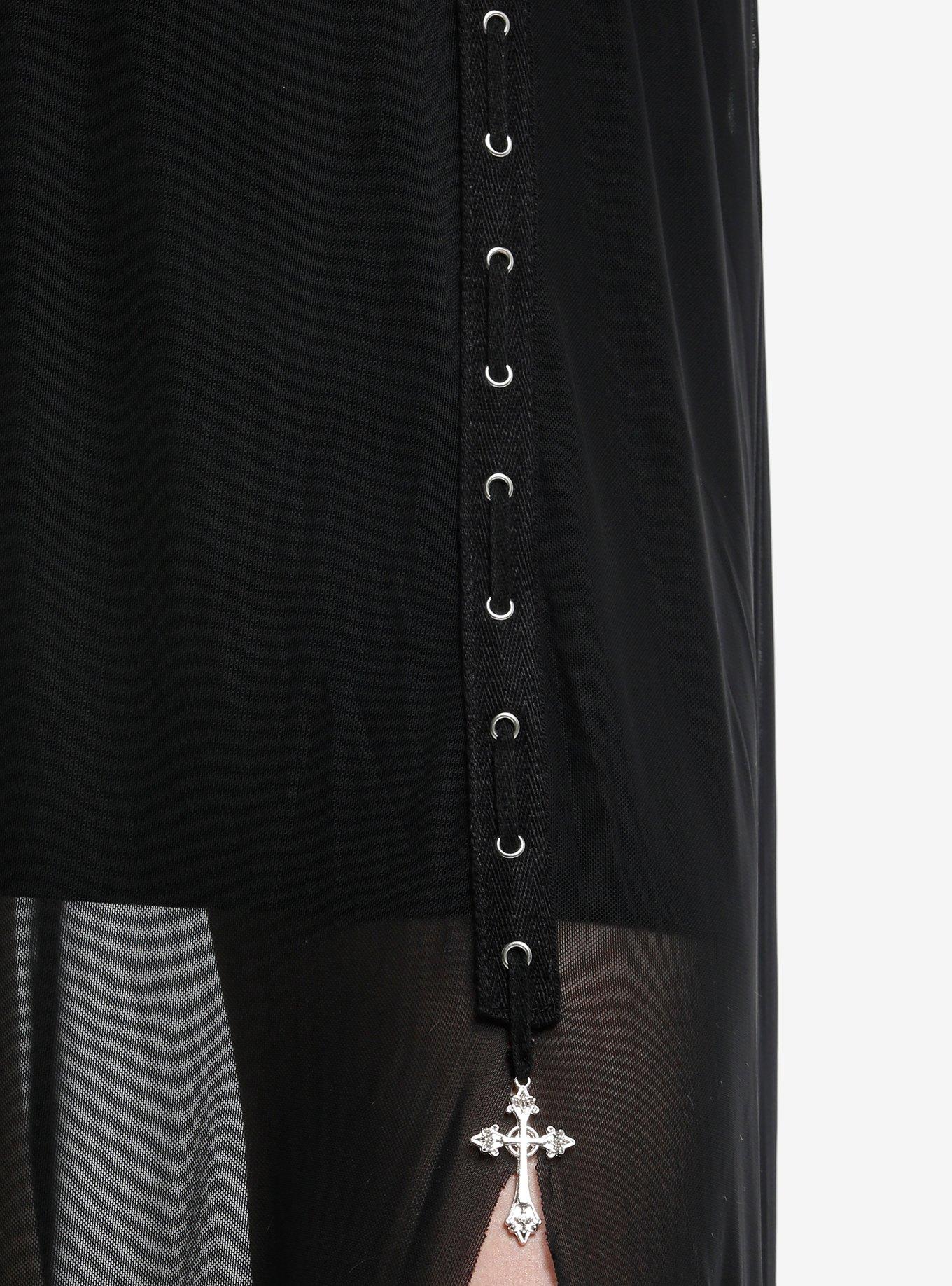 Daisy Street Black Mesh Gothic Cross Maxi Skirt, BLACK, alternate