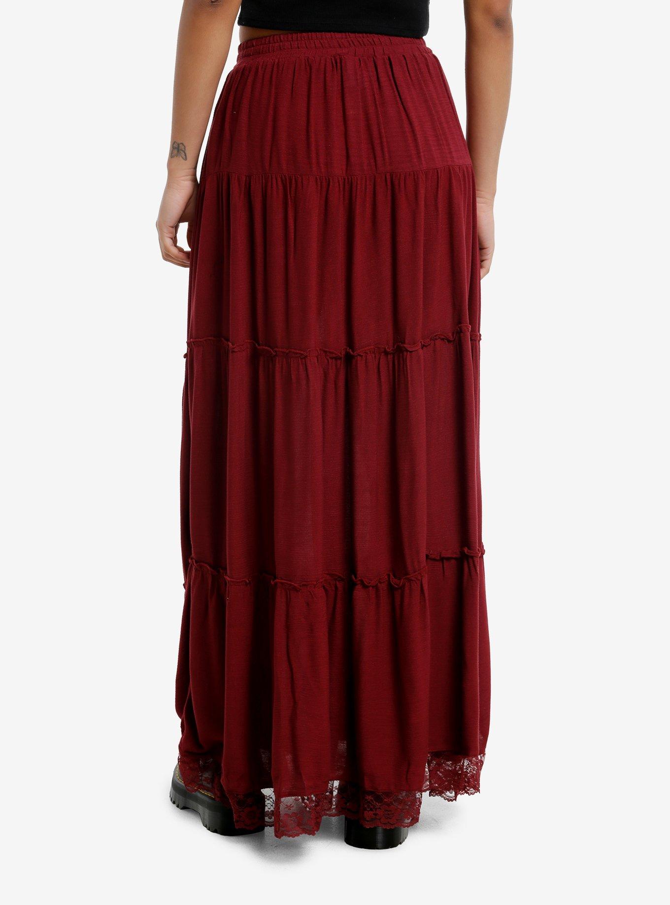 Thorn & Fable Burgundy Tiered Maxi Skirt, , hi-res