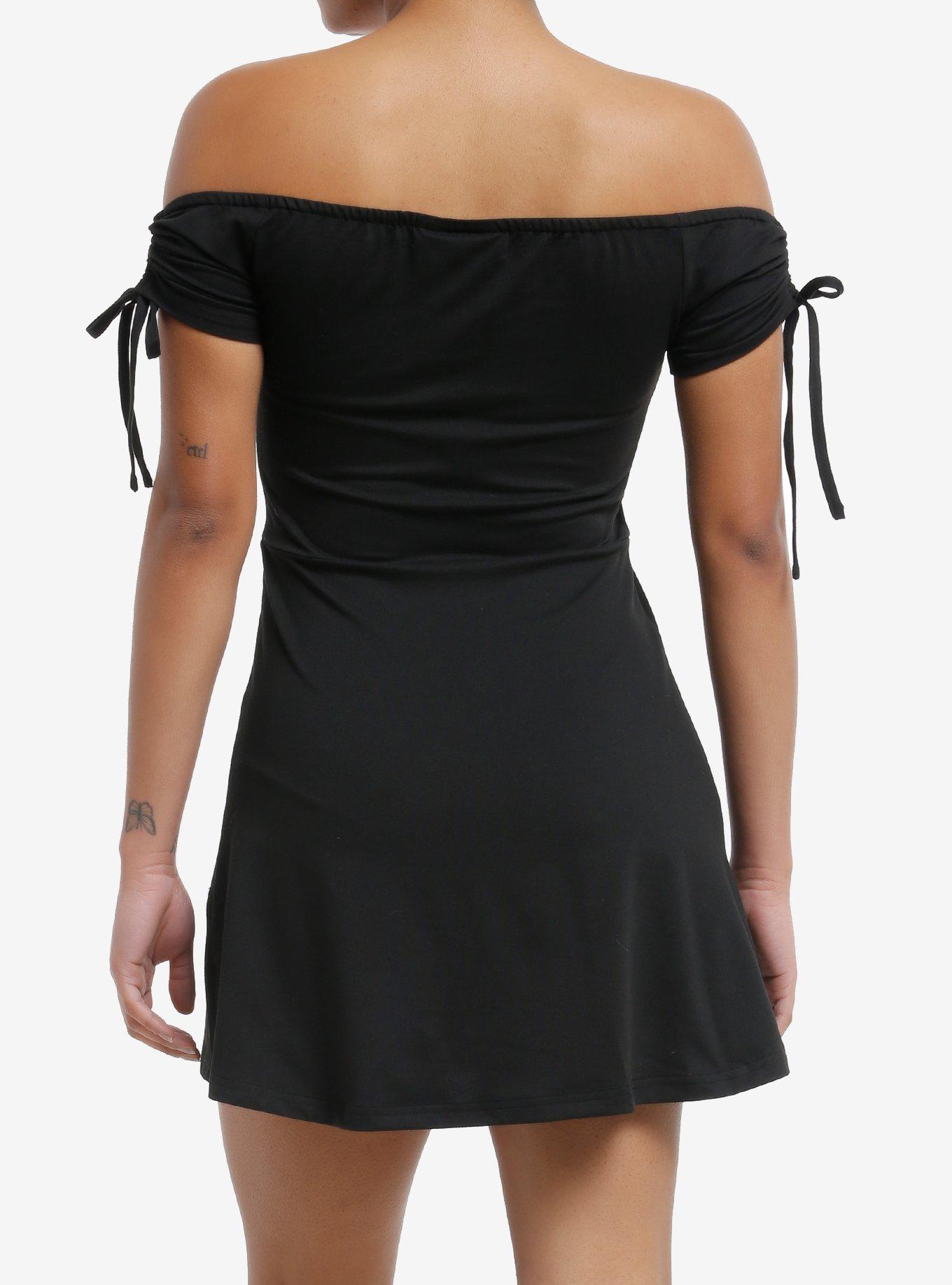Cosmic Aura Black Ruched Off-The-Shoulder Dress, BLACK, alternate