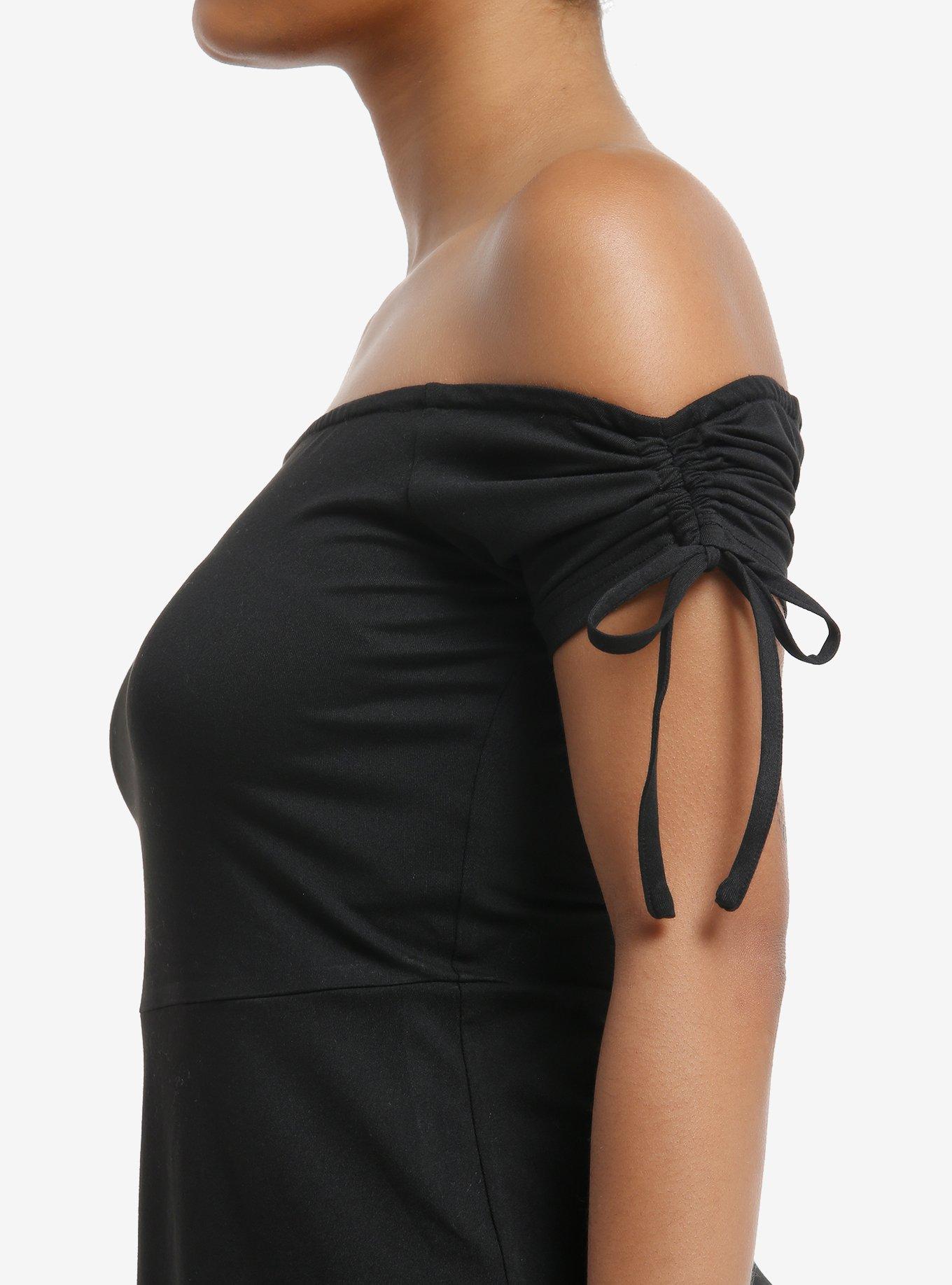 Cosmic Aura Black Ruched Off-The-Shoulder Dress, BLACK, alternate