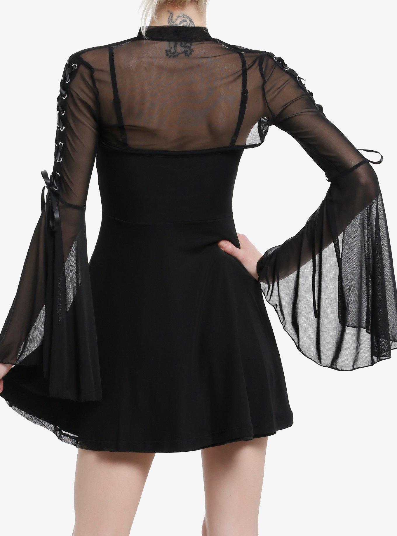 Cosmic Aura Cross Mesh Bell Sleeve Lace-Up Twofer Dress, BLACK, alternate