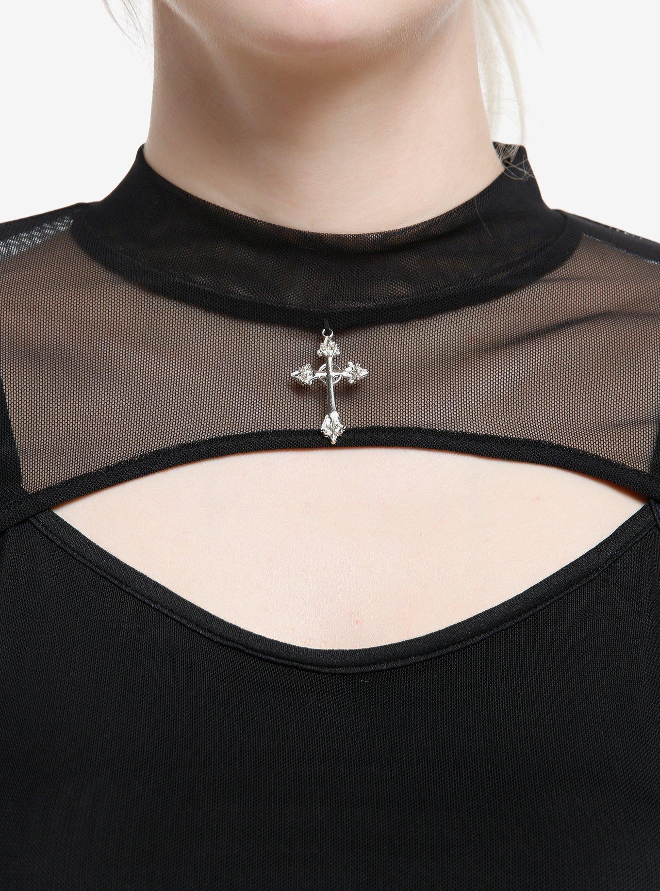 Cosmic Aura Cross Mesh Bell Sleeve Lace-Up Twofer Dress, BLACK, alternate