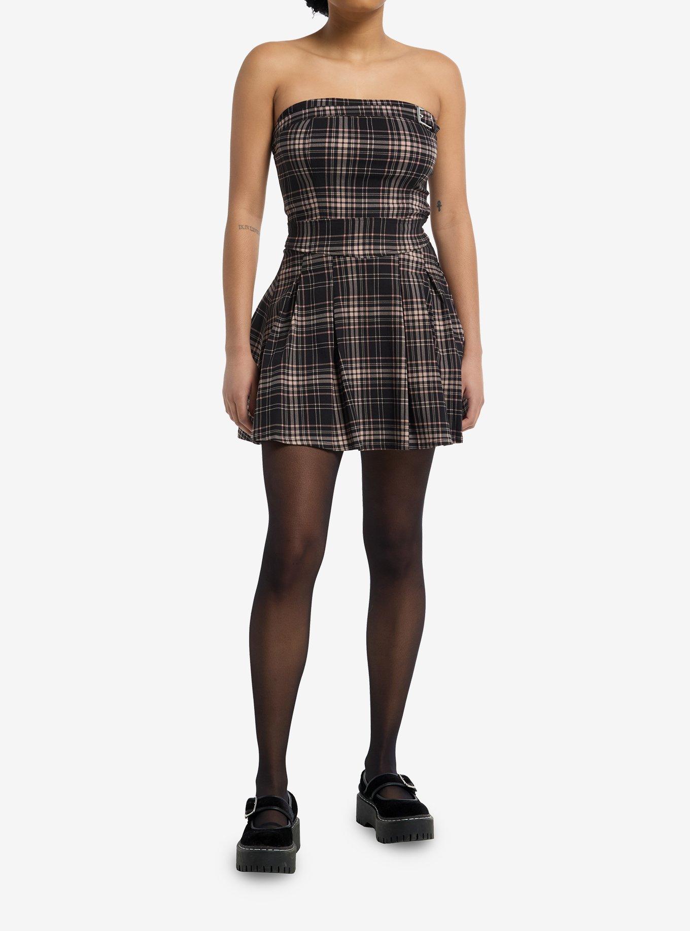 Black & Brown Plaid Buckle Strapless Mini Dress, , hi-res
