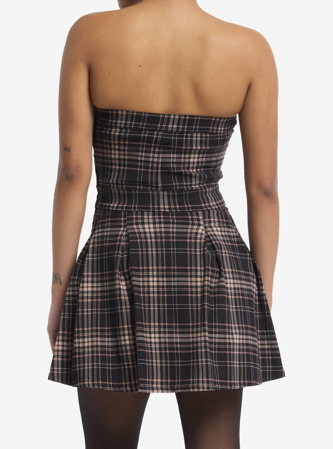 Black & Brown Plaid Buckle Strapless Mini Dress, BROWN, alternate