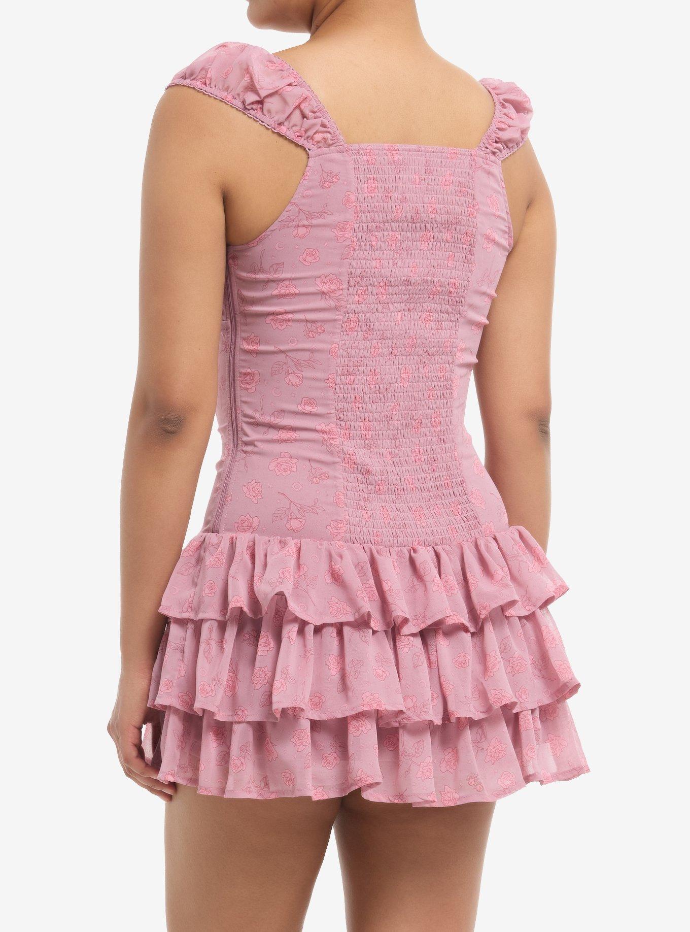 Sweet Society Pink Rose Tiered Mini Dress With Shorts, , hi-res
