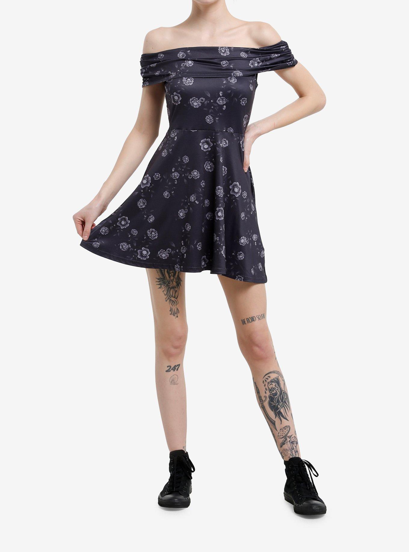 Black & Grey Flower Skulls Off-The-Shoulder Dress, , hi-res