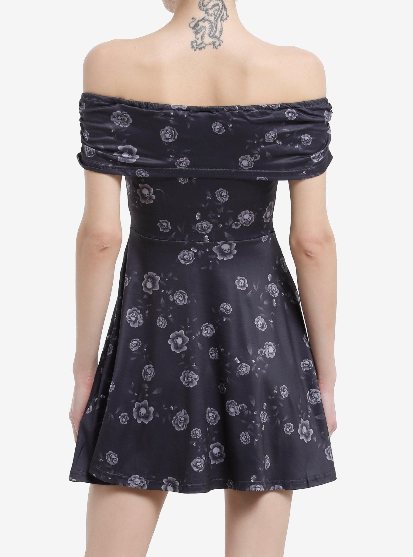 Black & Grey Flower Skulls Off-The-Shoulder Dress, GREY, alternate
