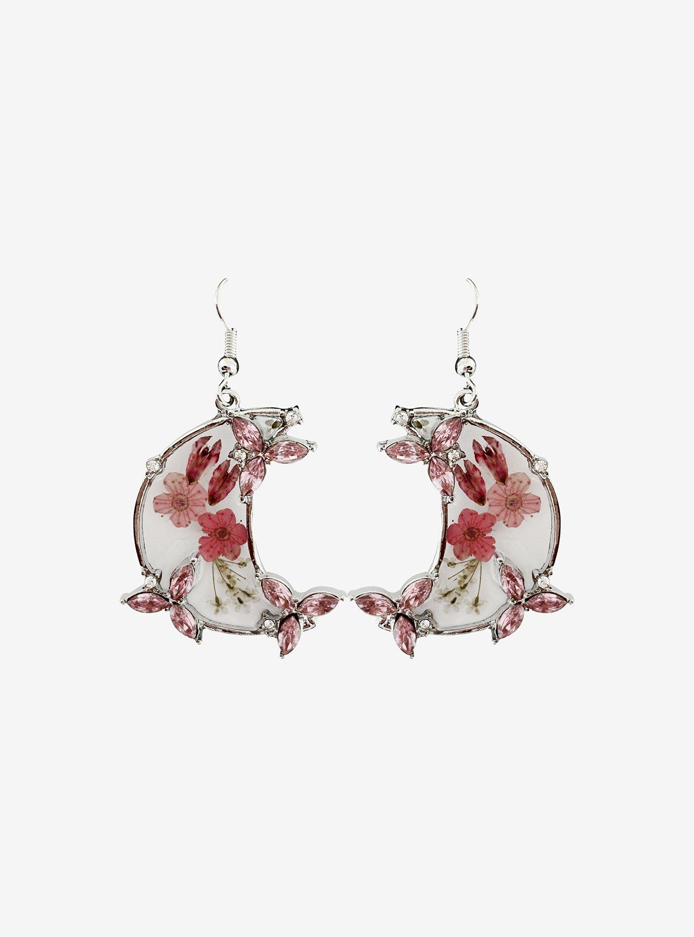 Cosmic Aura Pink Pressed Flower Moon Drop Earrings, , hi-res