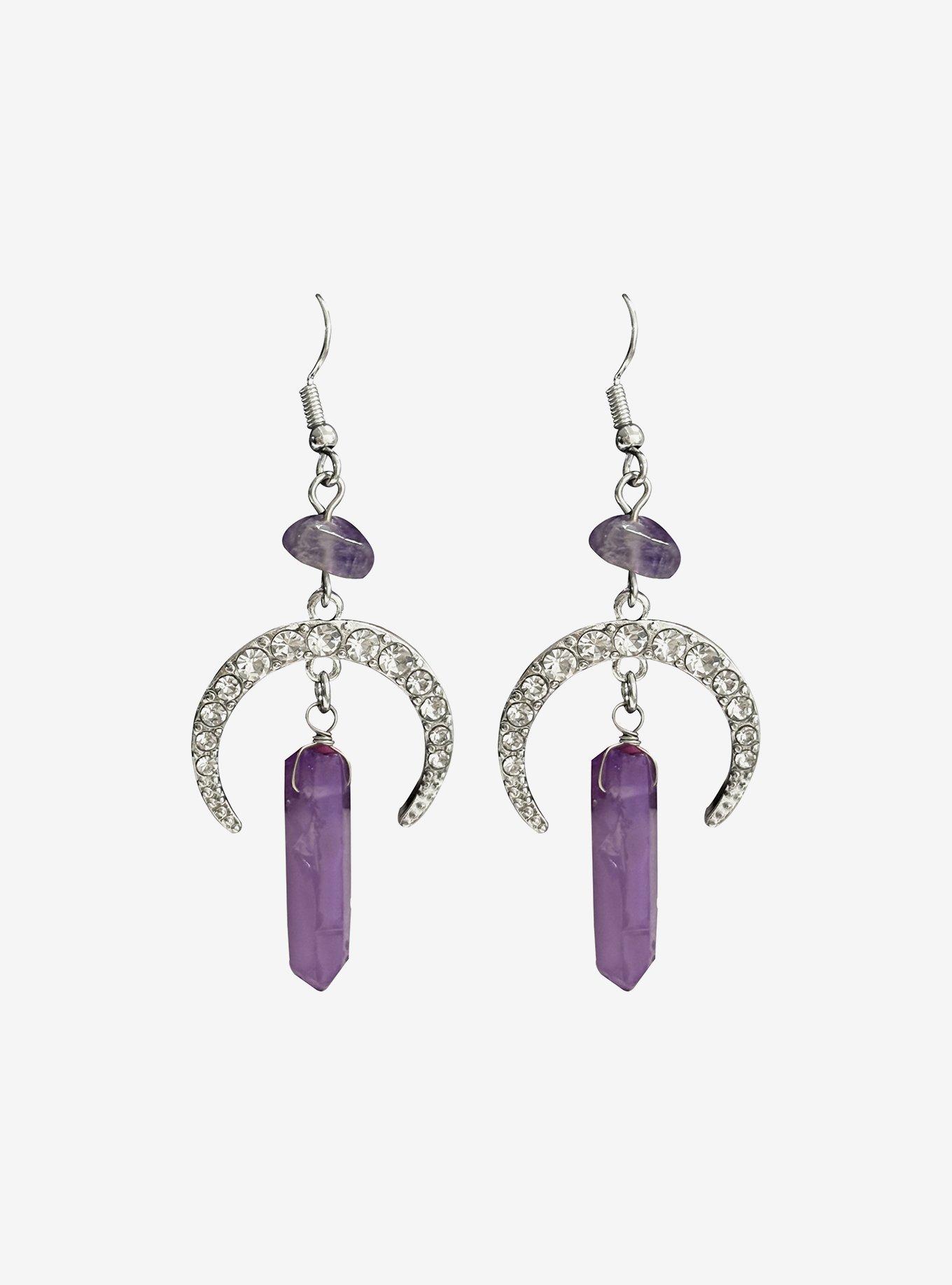 Cosmic Aura Faux Amethyst Crescent Moon Drop Earrings, , hi-res