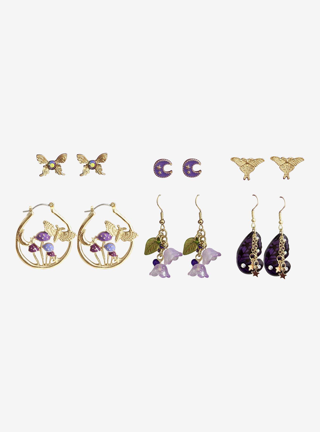 Thorn & Fable Purple Butterfly Mushroom Earring Set, , hi-res