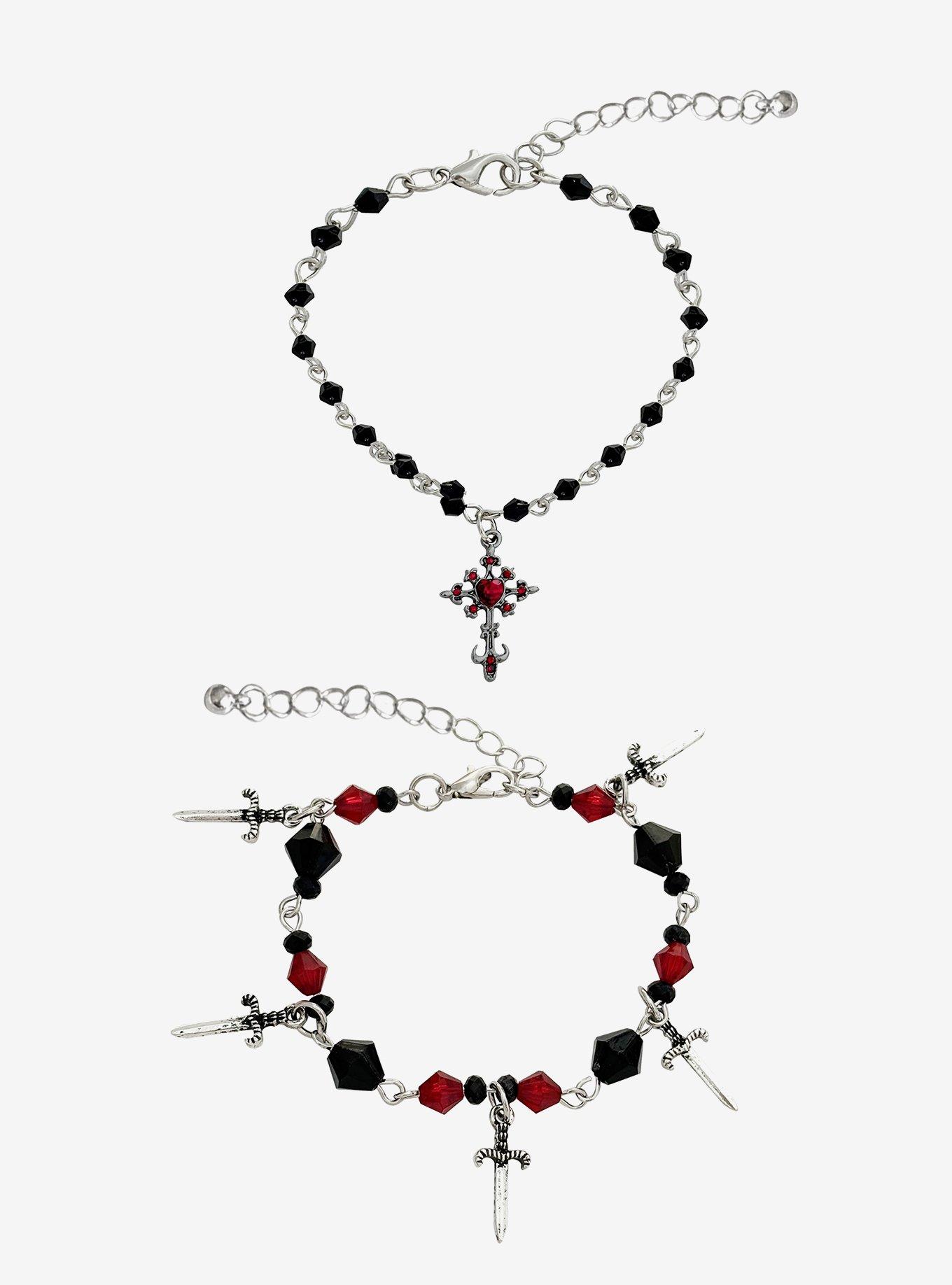 Gothic Cross & Dagger Rosary Bracelet Set, , hi-res