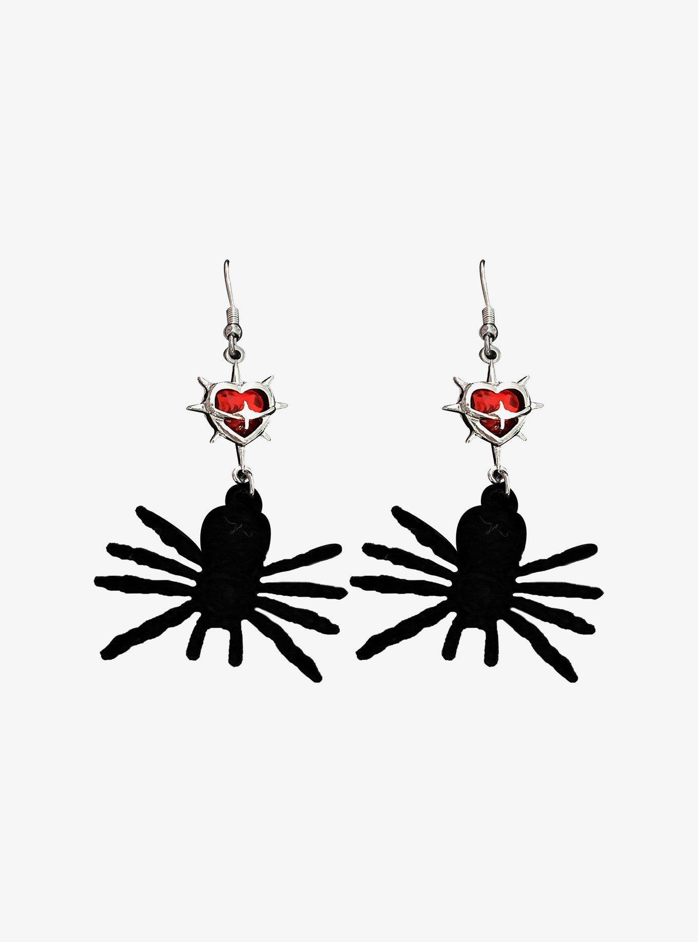 Black Spider & Spiked Heart Drop Earrings, , hi-res