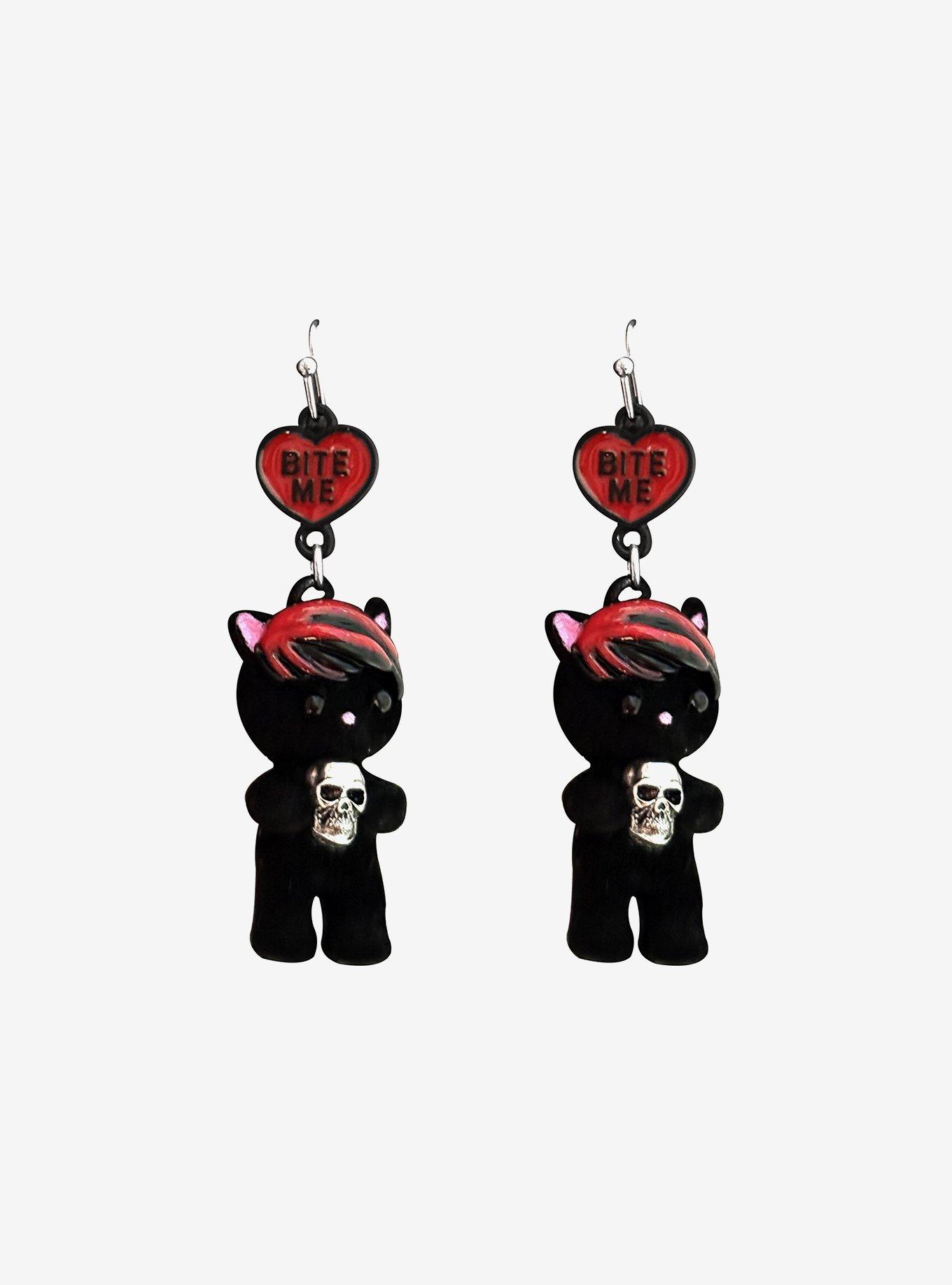 Black Cats With Red Emo Bangs Drop Earrings, , hi-res