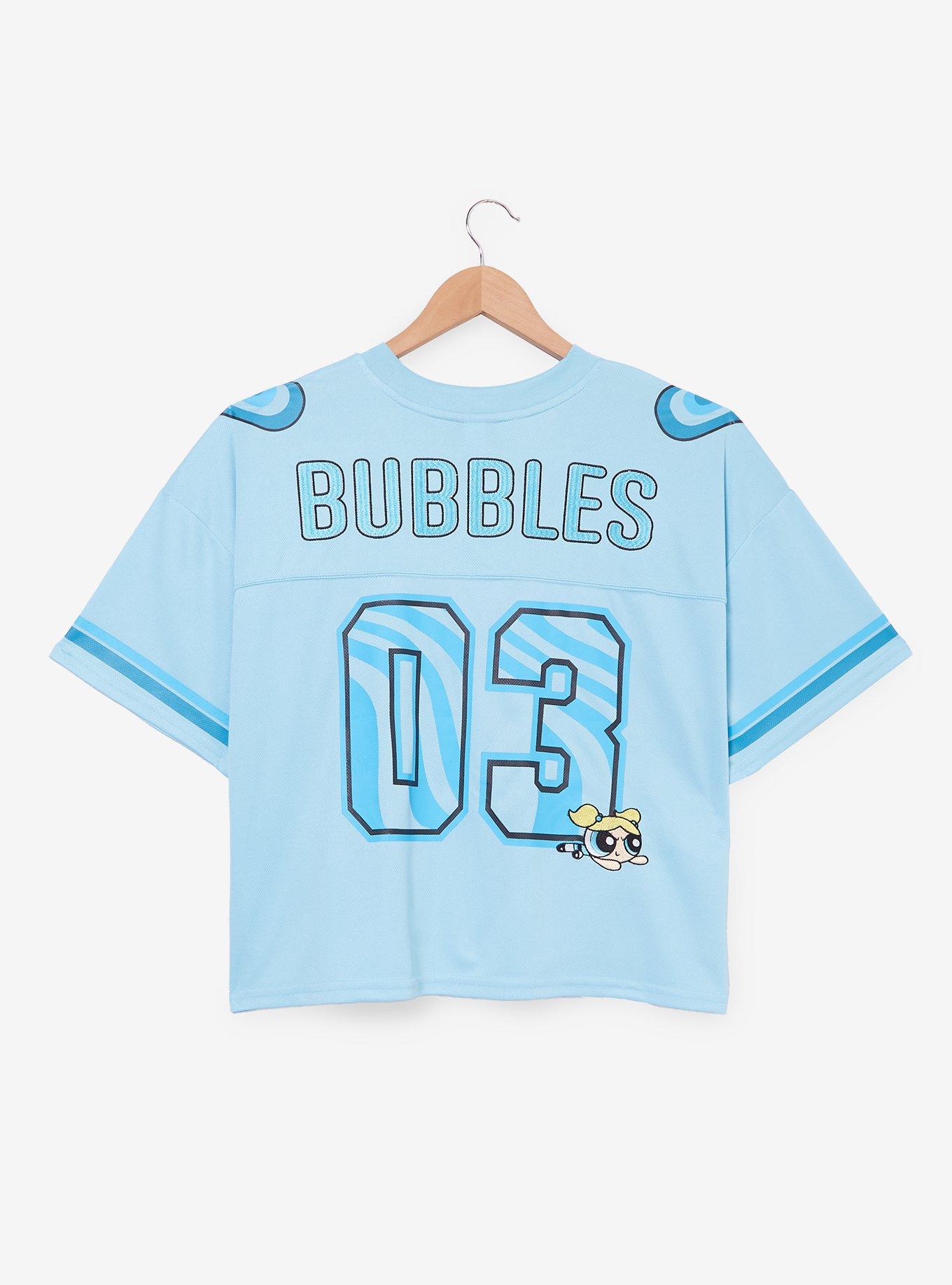 The Powerpuff Girls Bubbles Women's Cropped Football Jersey — BoxLunch Exclusive, LIGHT BLUE, alternate
