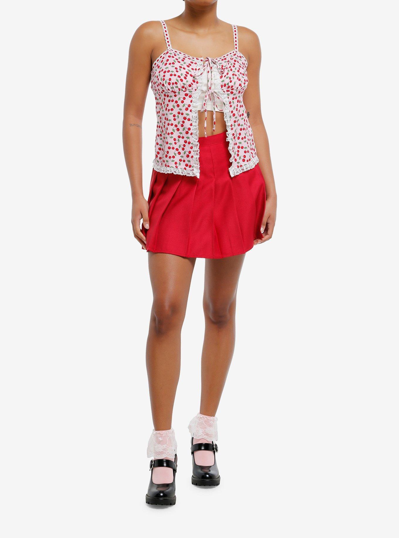 Sweet Society Cherries & Lace Tie-Front Woven Top, , hi-res