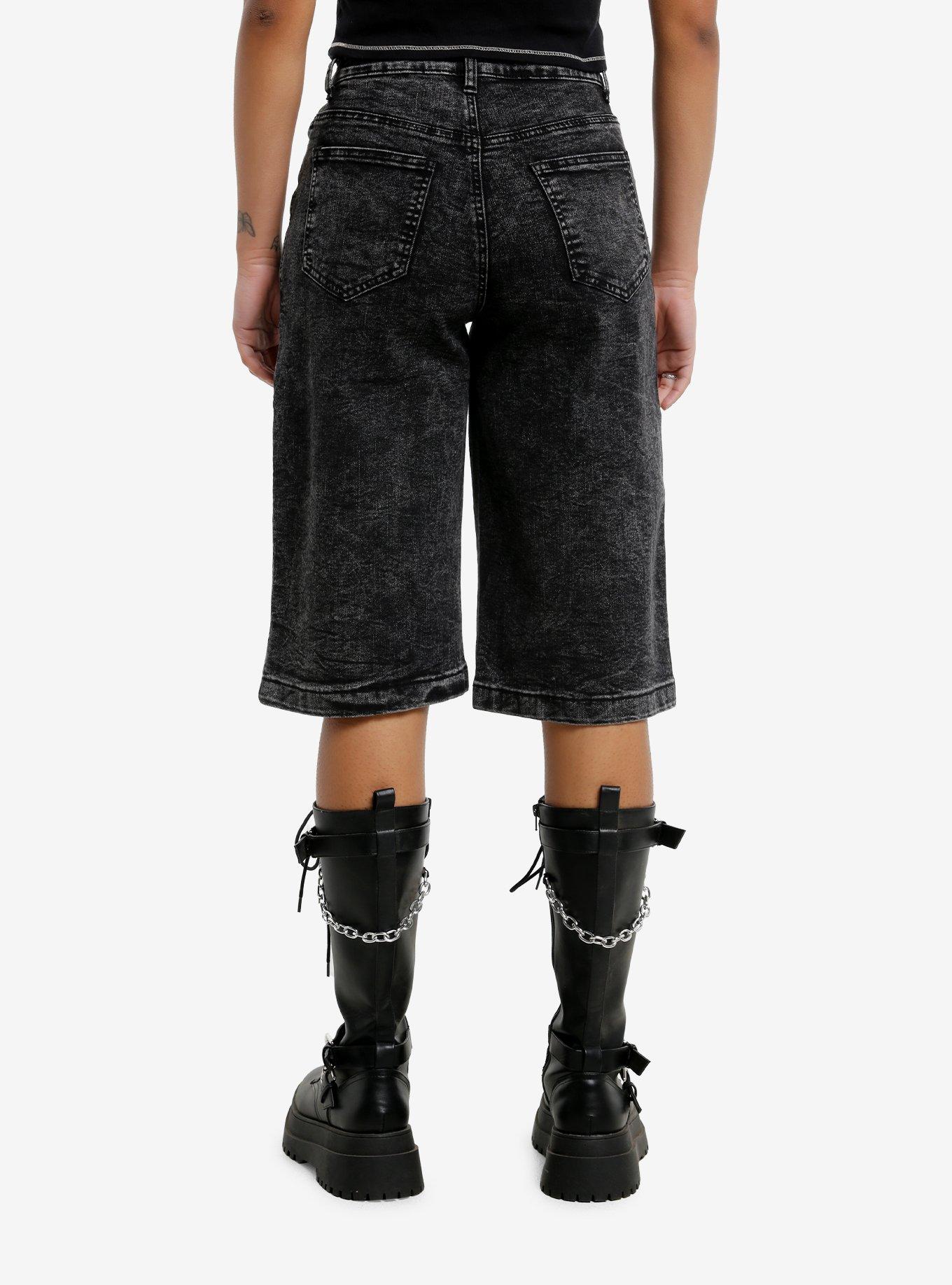 Faded Black Star Girls Long Denim Shorts, BLACK, alternate