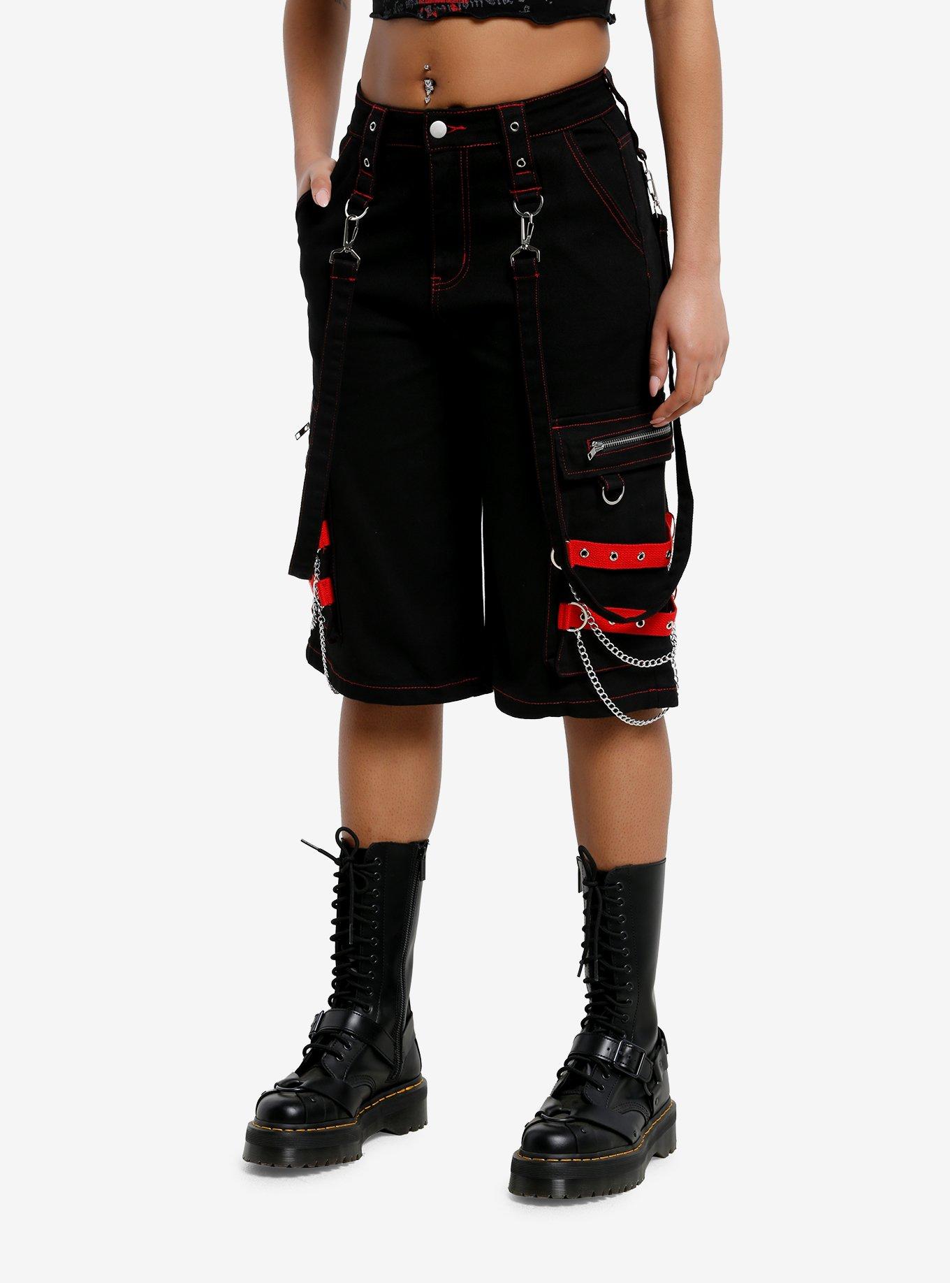 Black & Red Grommet Chain Suspender Cargo Shorts, RED, alternate