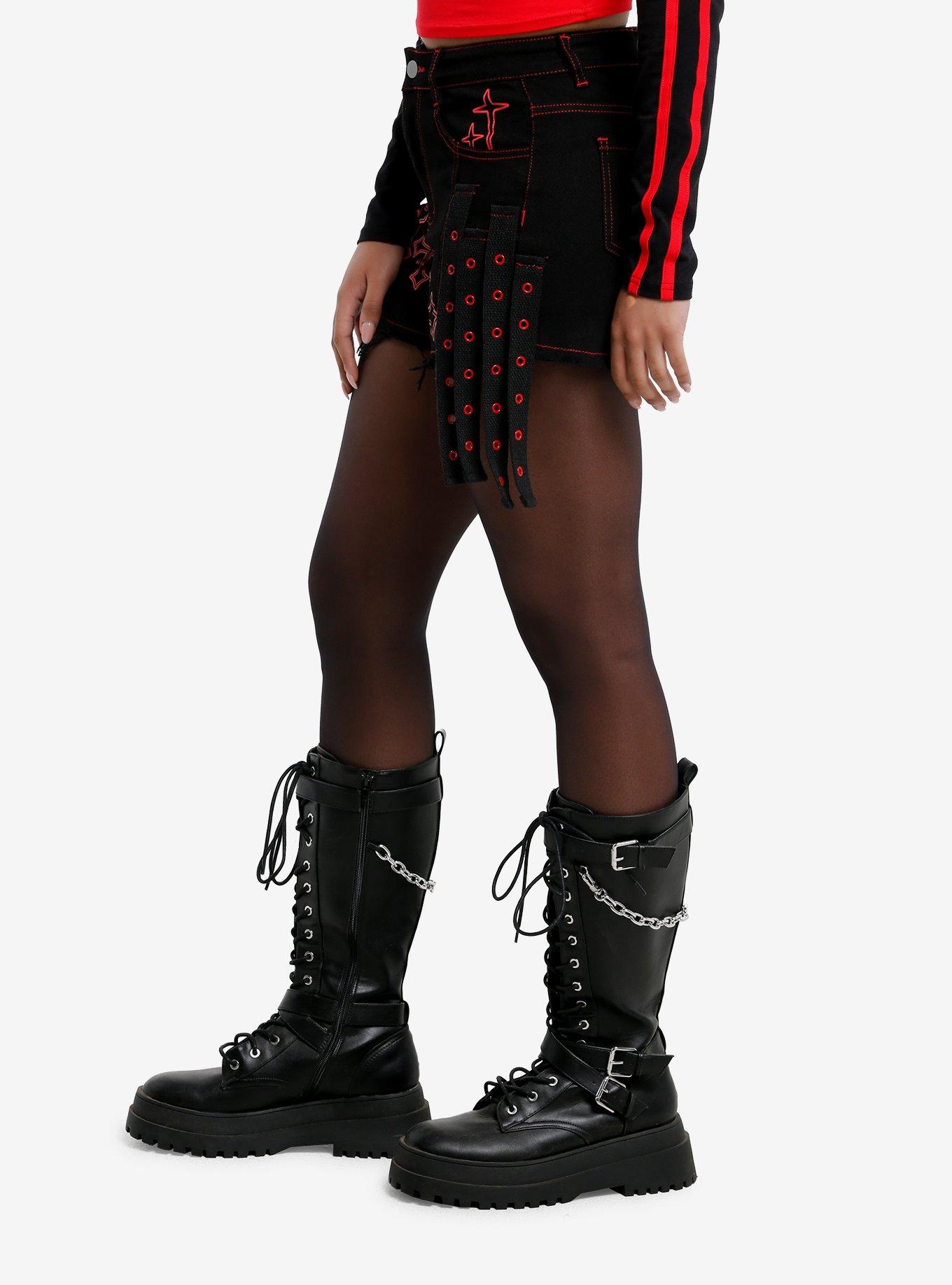 Black & Red Cross Girls Denim Shorts, RED, alternate