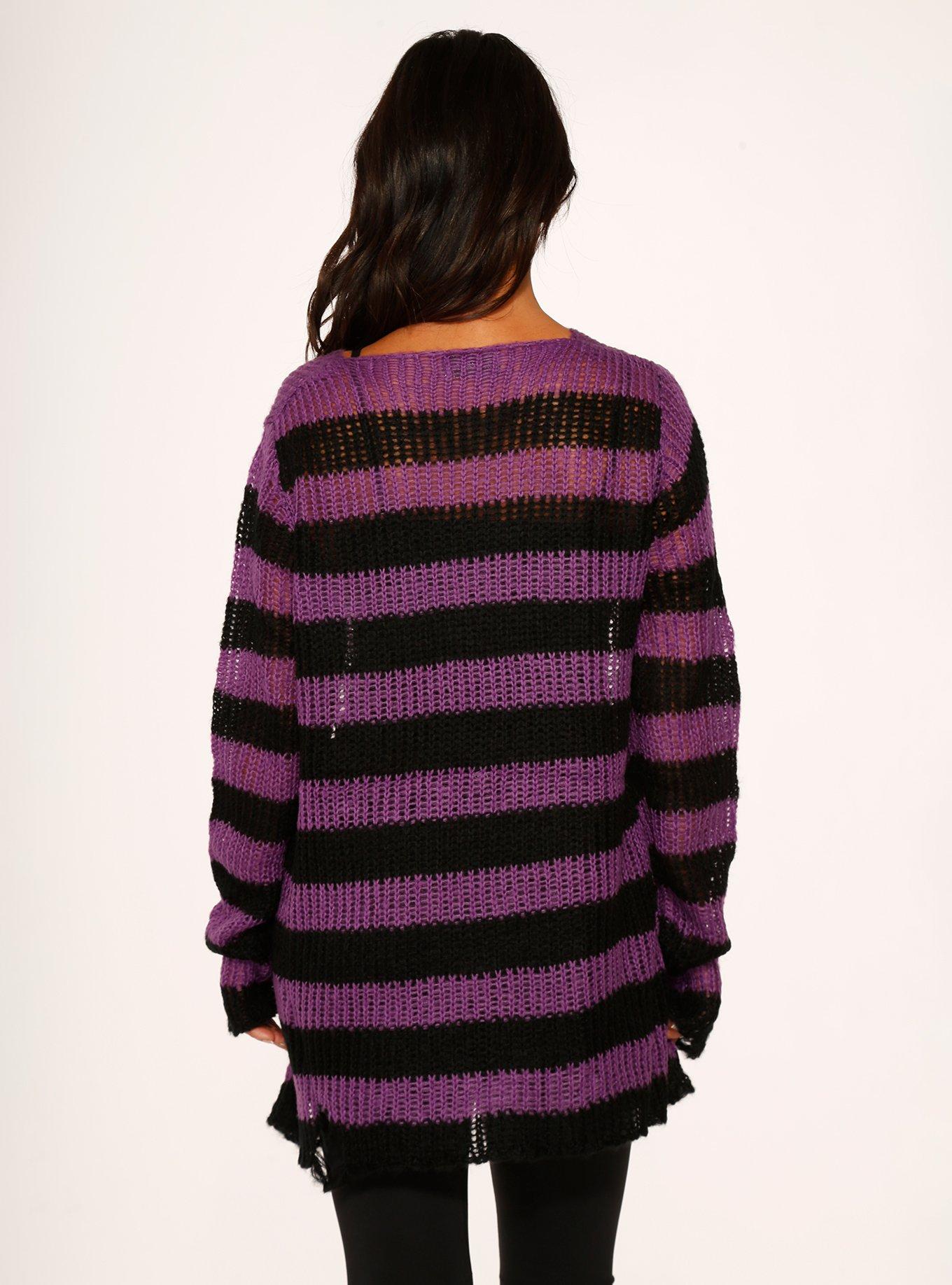 Black Purple Stripe Sweater, BLACK  PURPLE, alternate