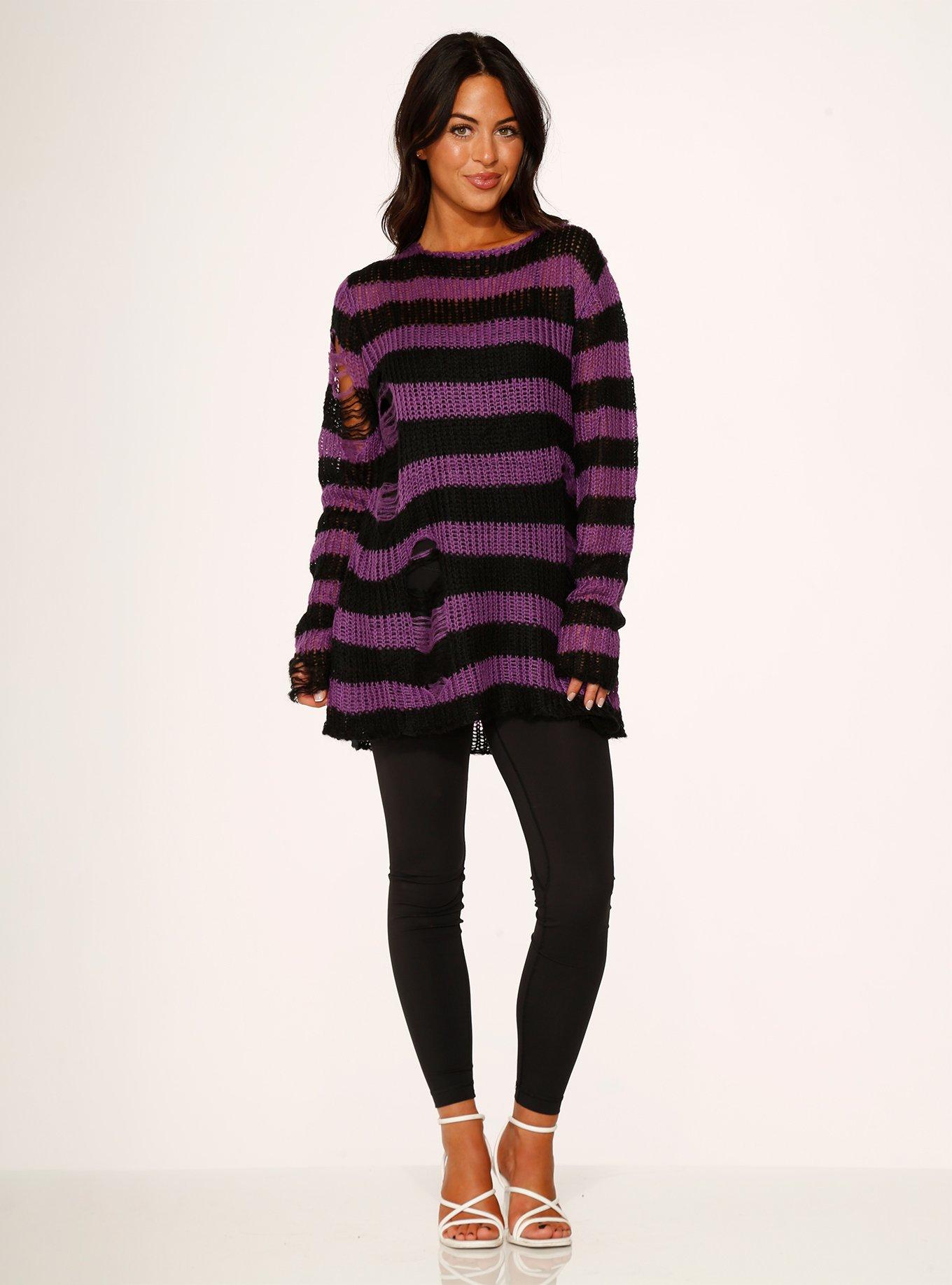 Black Purple Stripe Sweater, BLACK  PURPLE, alternate