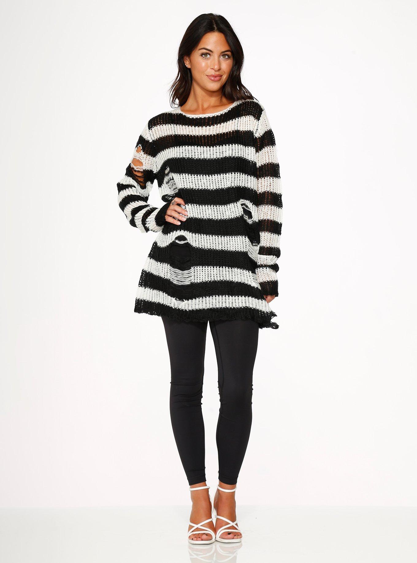 Black White Stripe Sweater, BLACK  WHITE, alternate