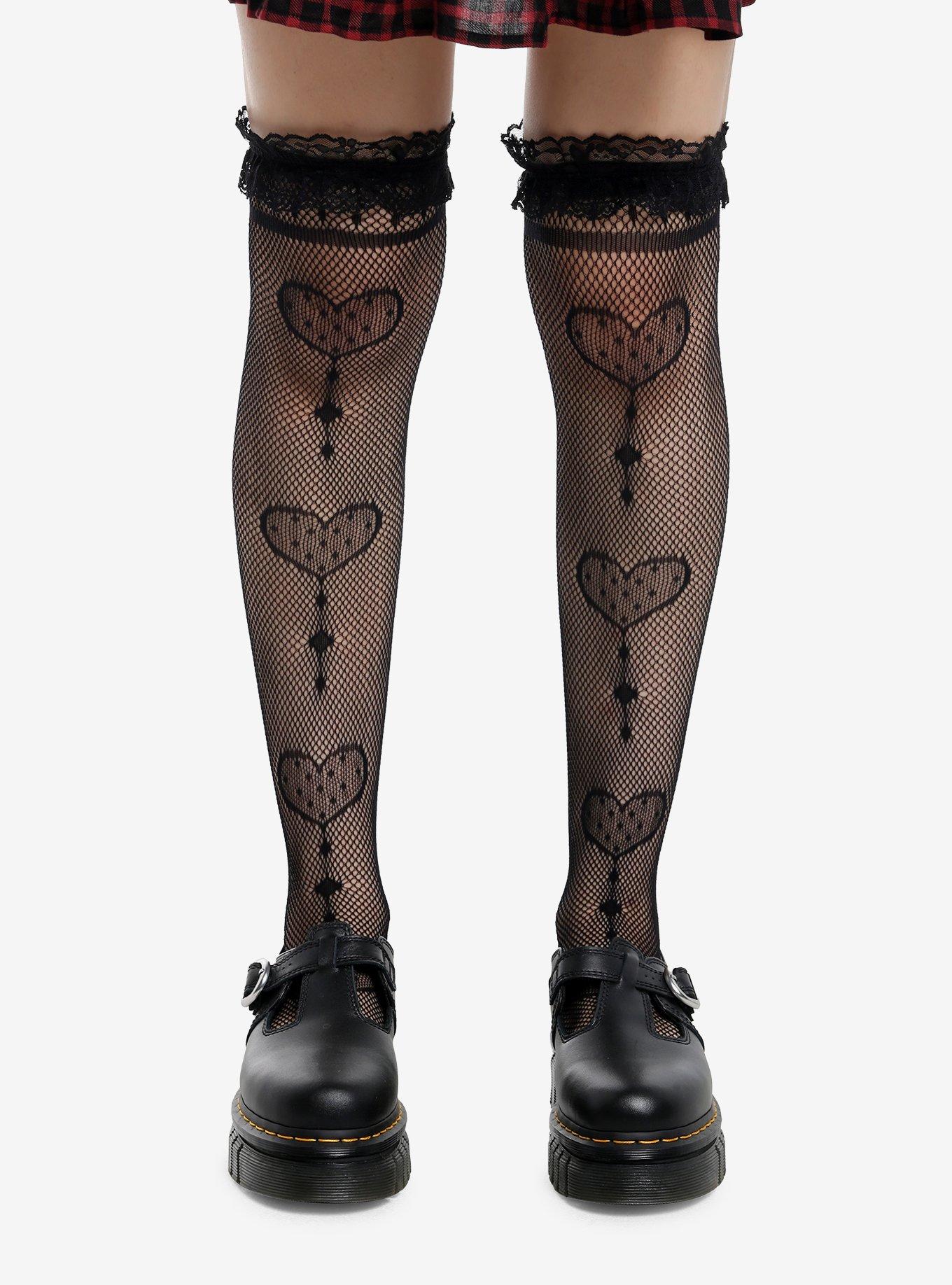 Black Heart Fishnet Thigh Highs, , hi-res