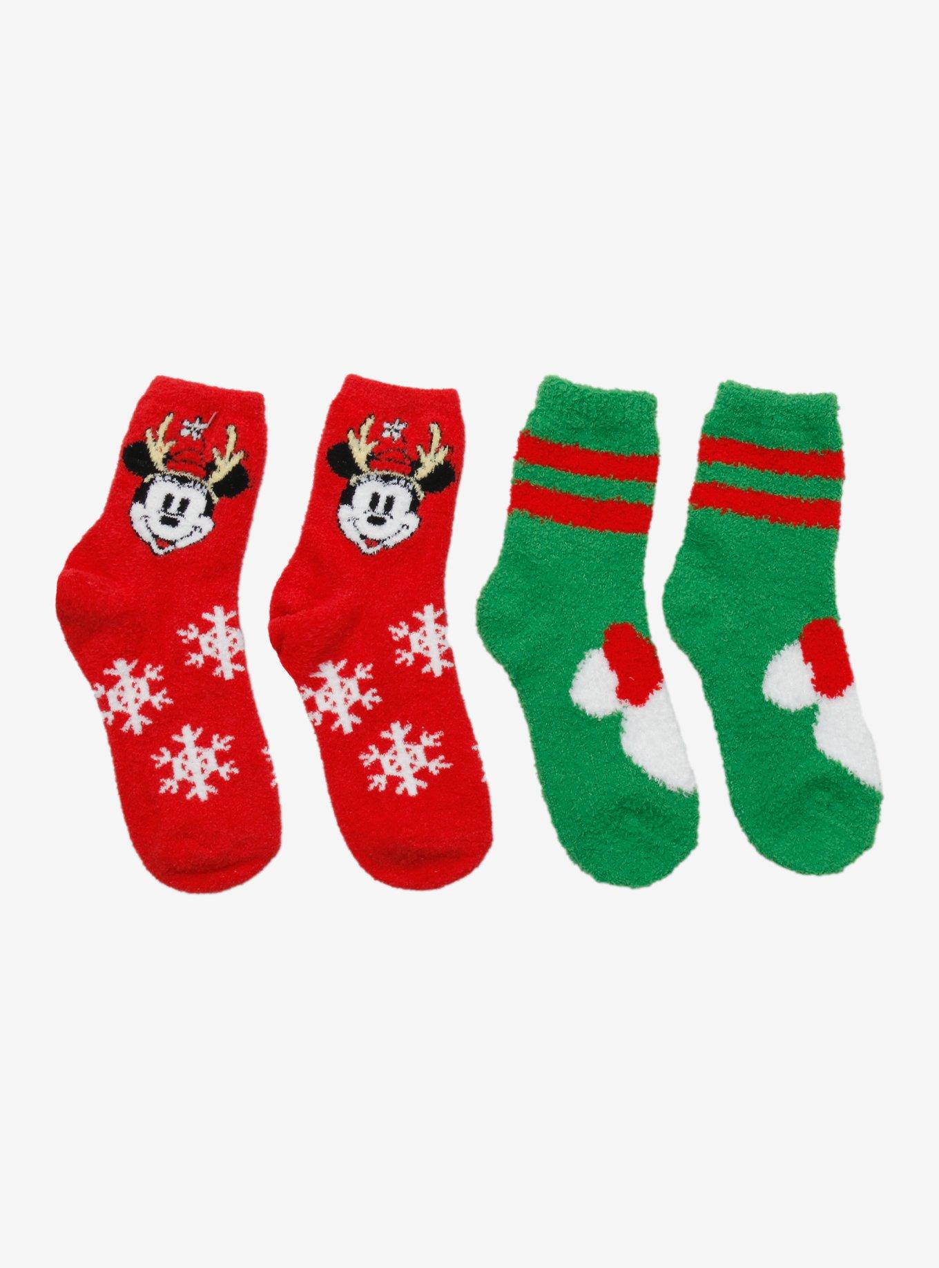 Disney Mickey Mouse & Minnie Mouse Holiday Fuzzy Crew Socks 2 Pair, , alternate