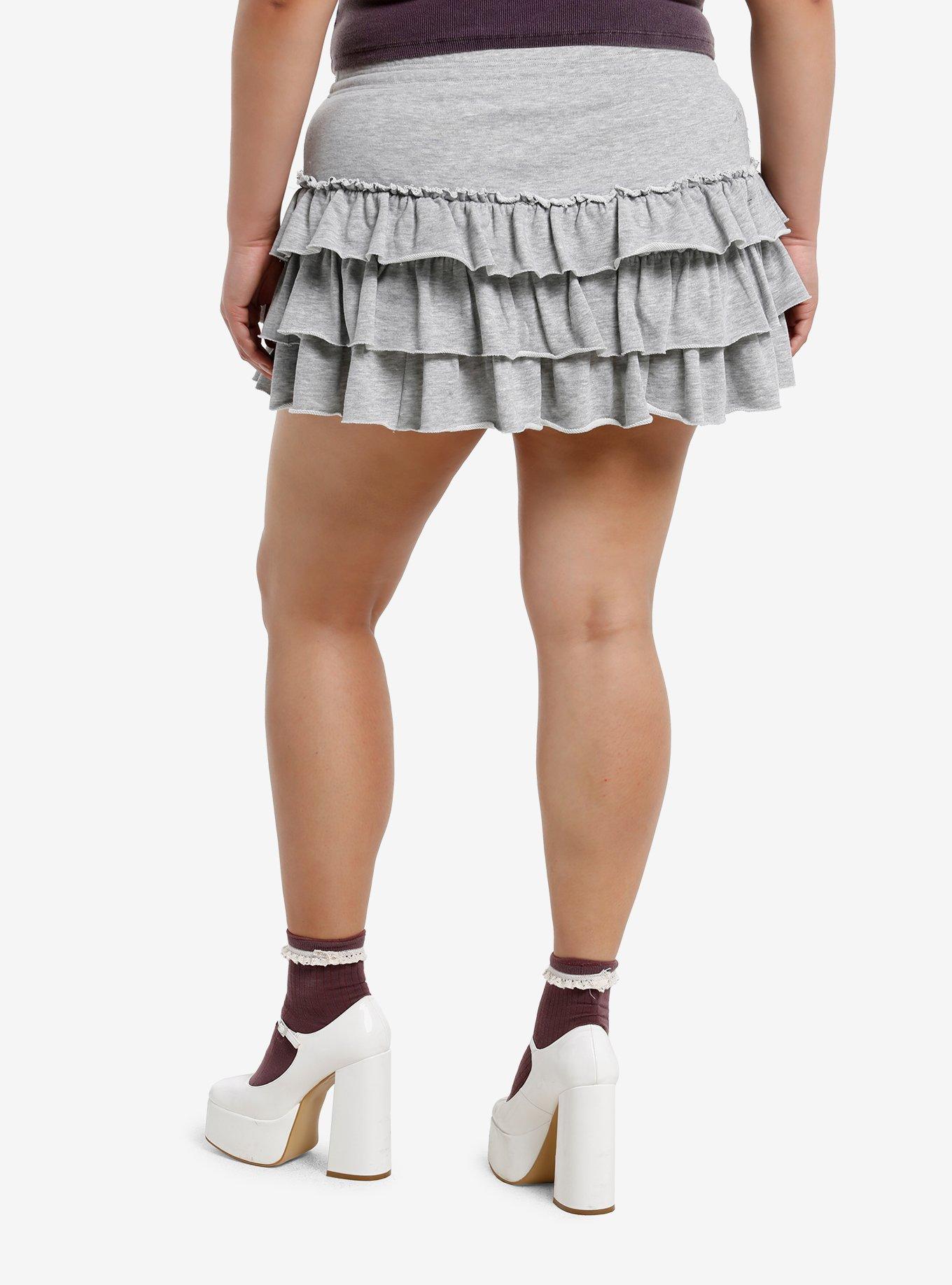 Thorn & Fable Grey Heathered Knit Ruffle Mini Skirt Plus Size, , hi-res