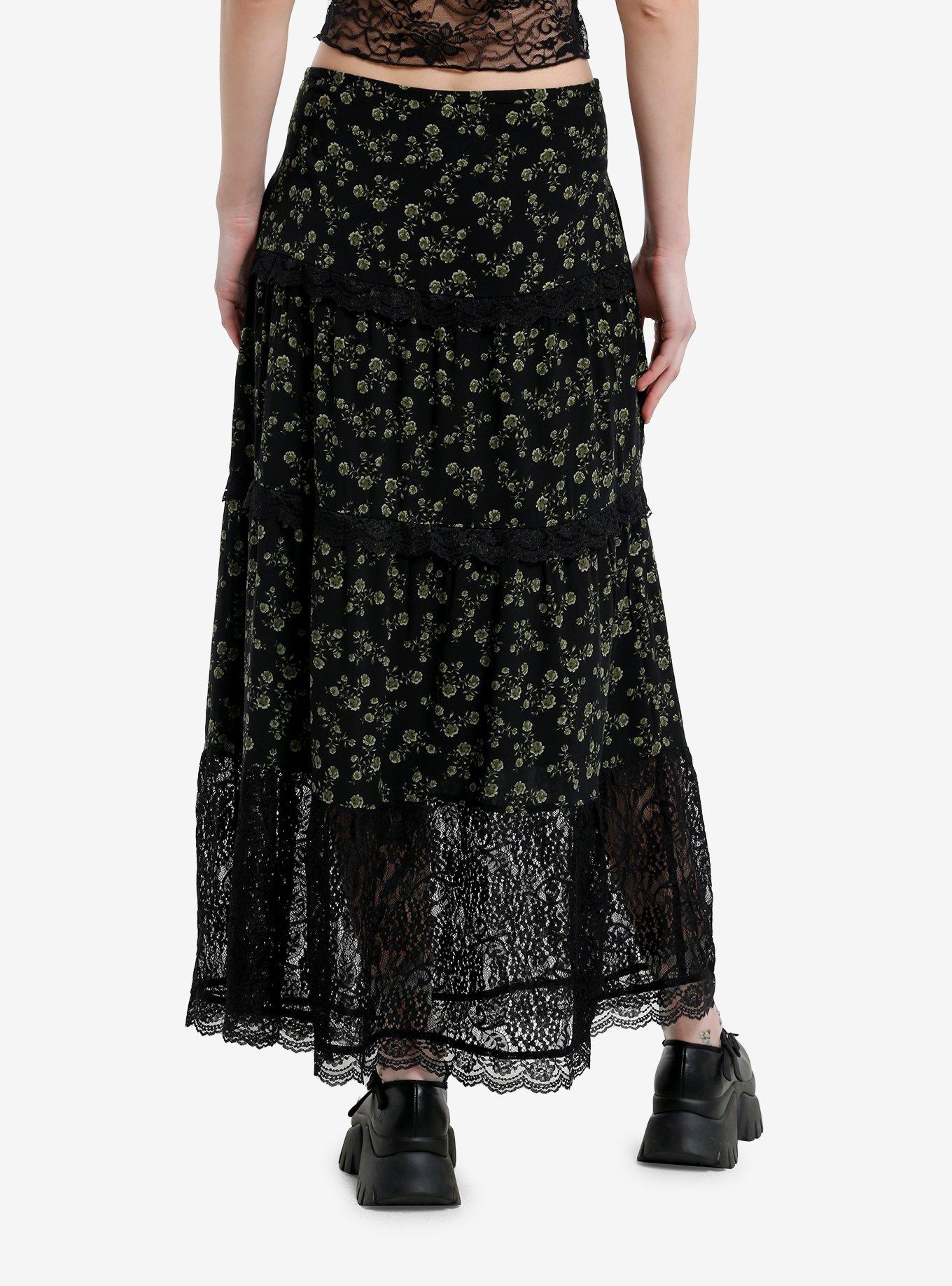 Thorn & Fable Green Flower & Black Lace Midi Skirt, , hi-res