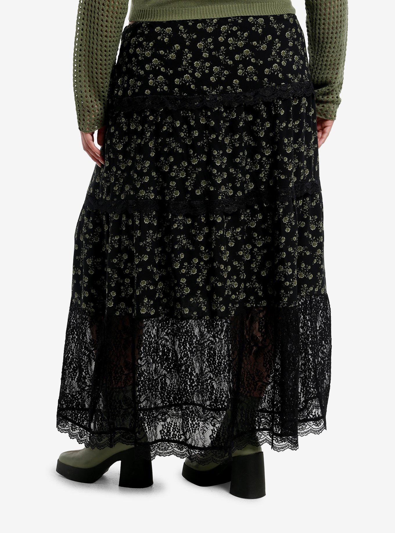 Thorn & Fable Green Flower & Black Lace Midi Skirt Plus Size, , hi-res